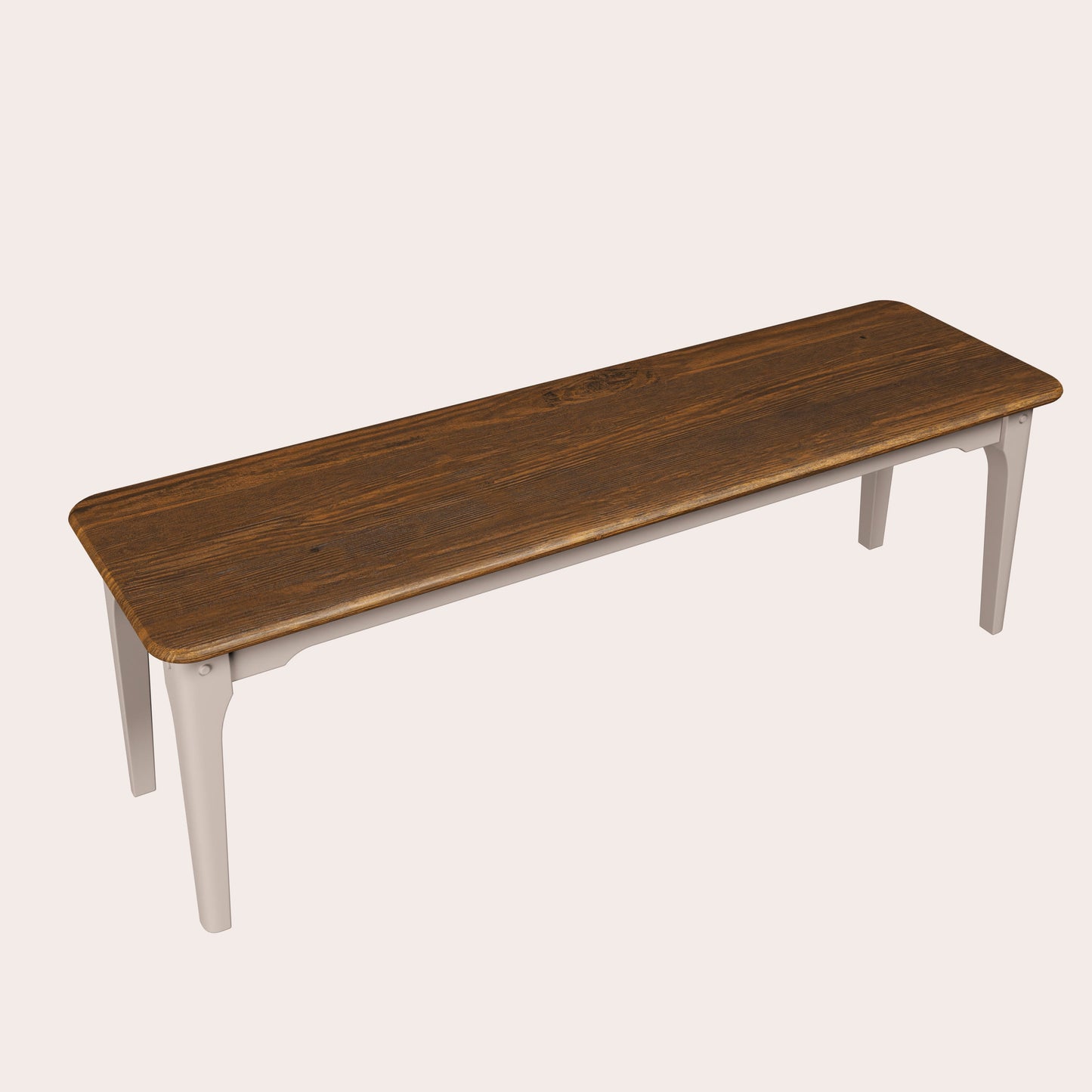Wooden bench with white legs on a light beige background