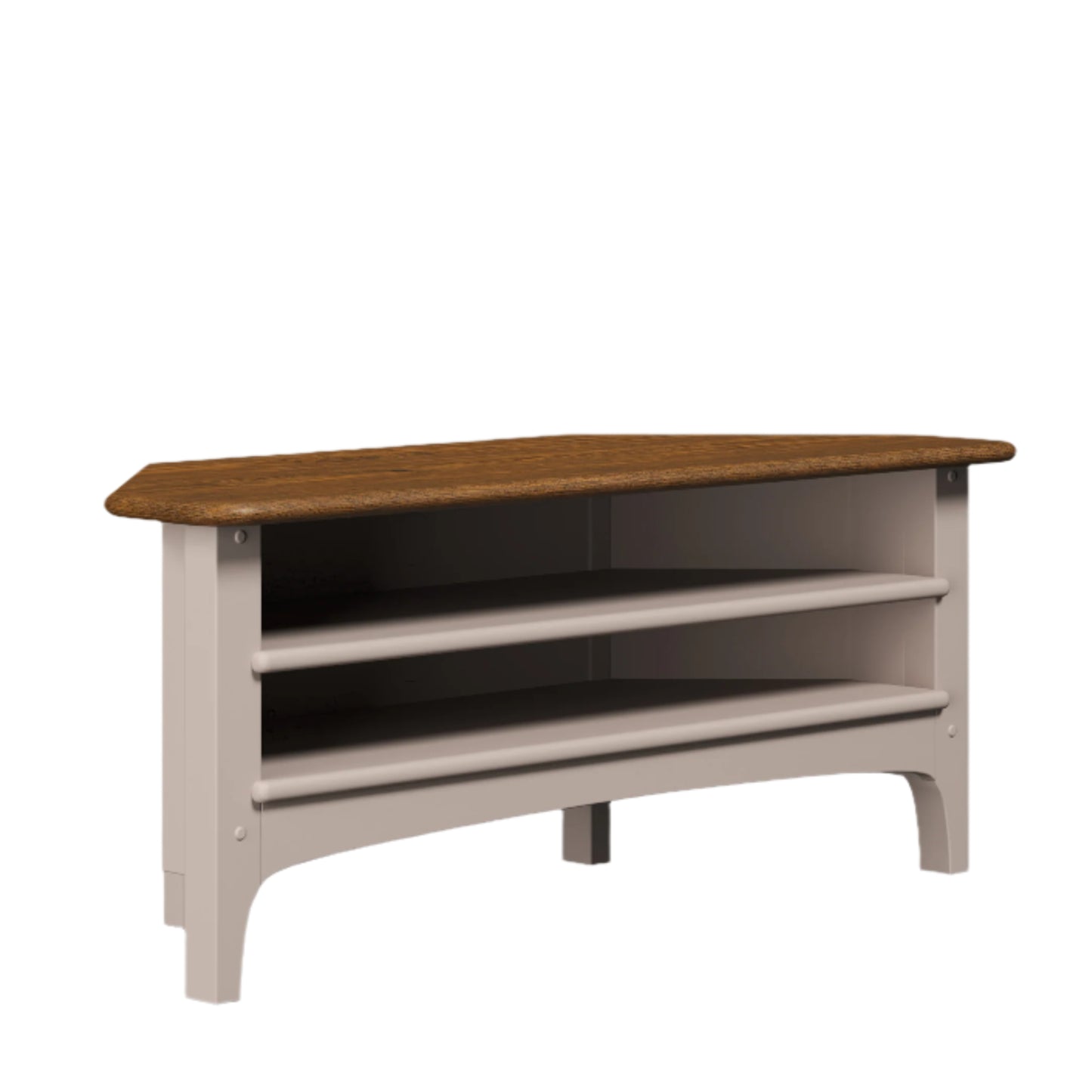 Wooden corner TV stand with a white base on a light beige background