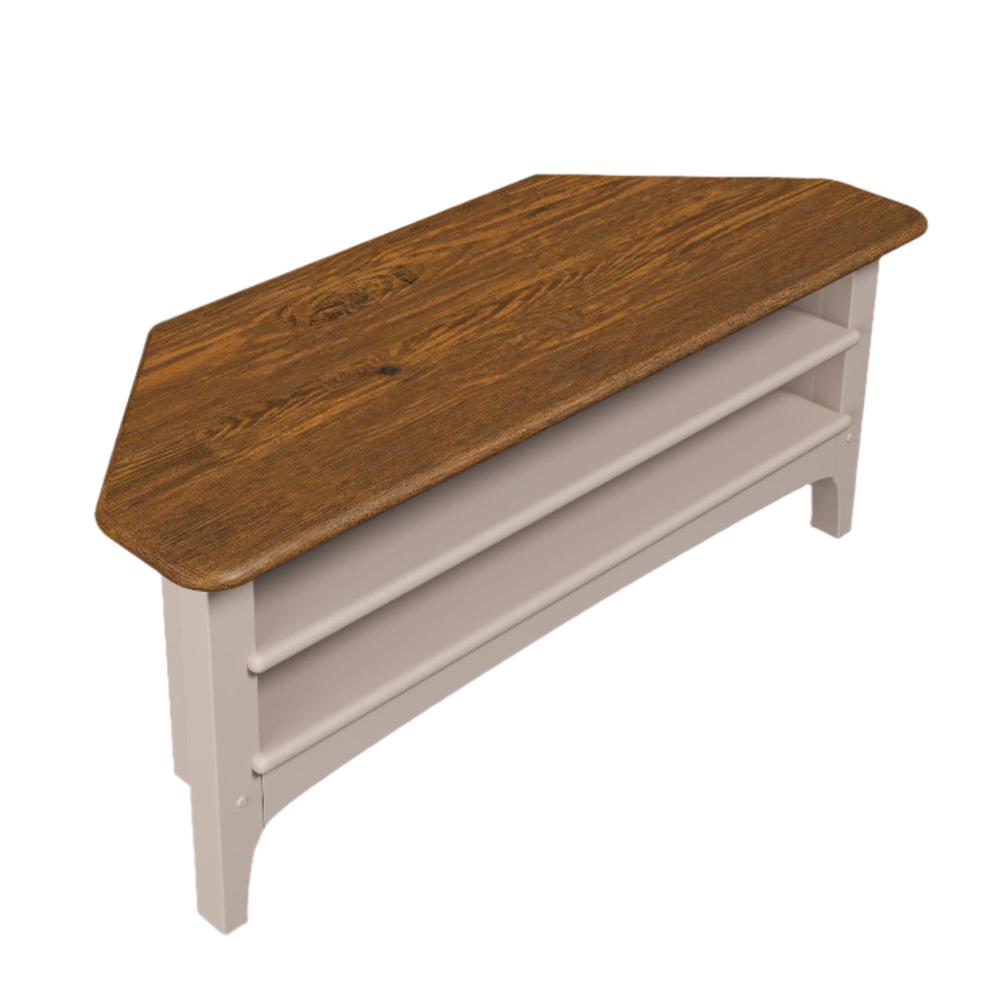 Wooden corner tv unit with a white base on a beige background