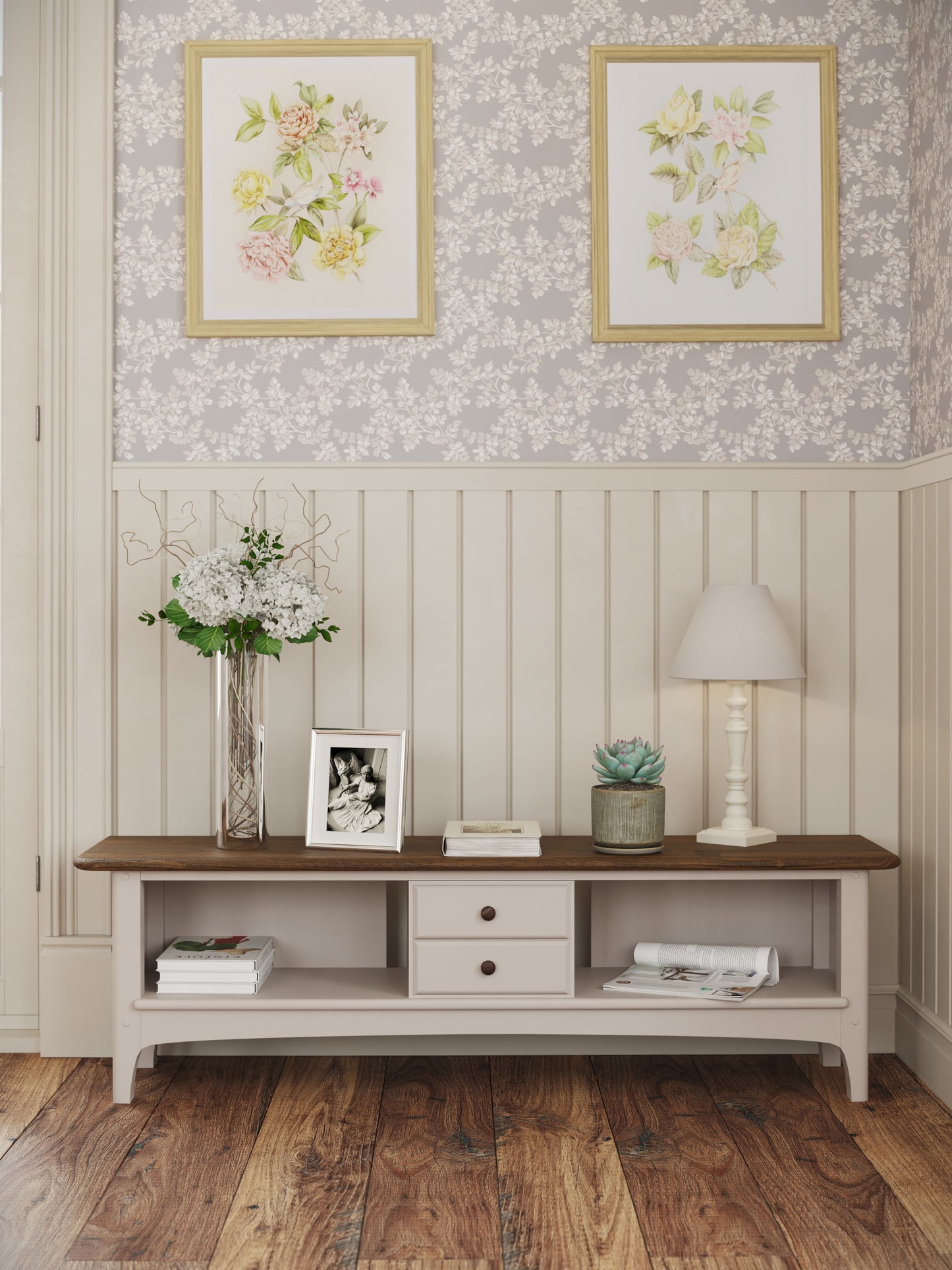 Niche with decorative items against a floral wallpapered wall