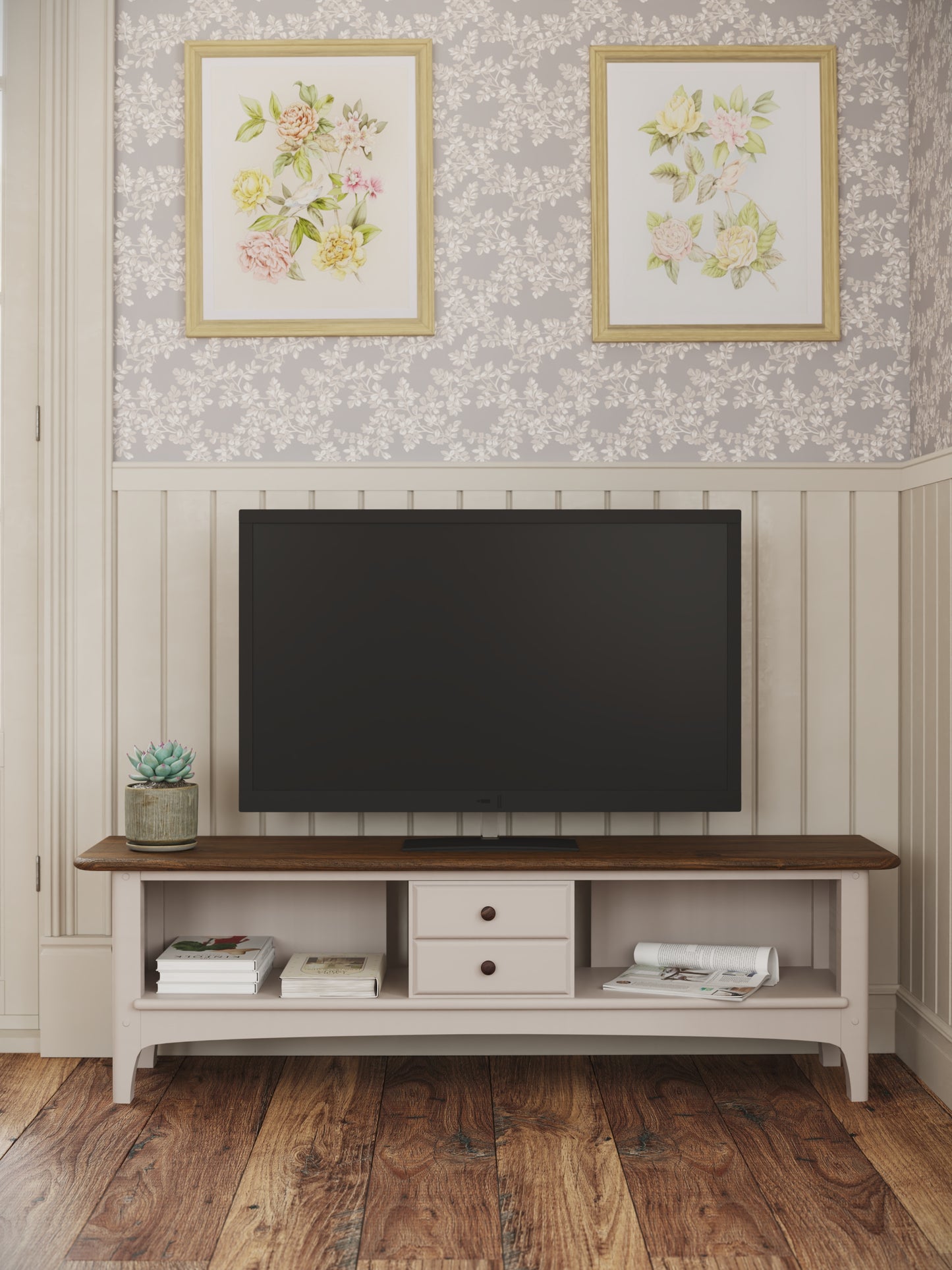 TV mounted on a wooden stand with floral wall art above in a room with wooden flooring.