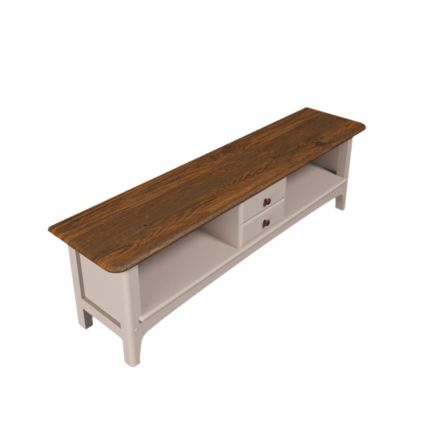 Wooden bench with a dark brown top and white base on a light beige background