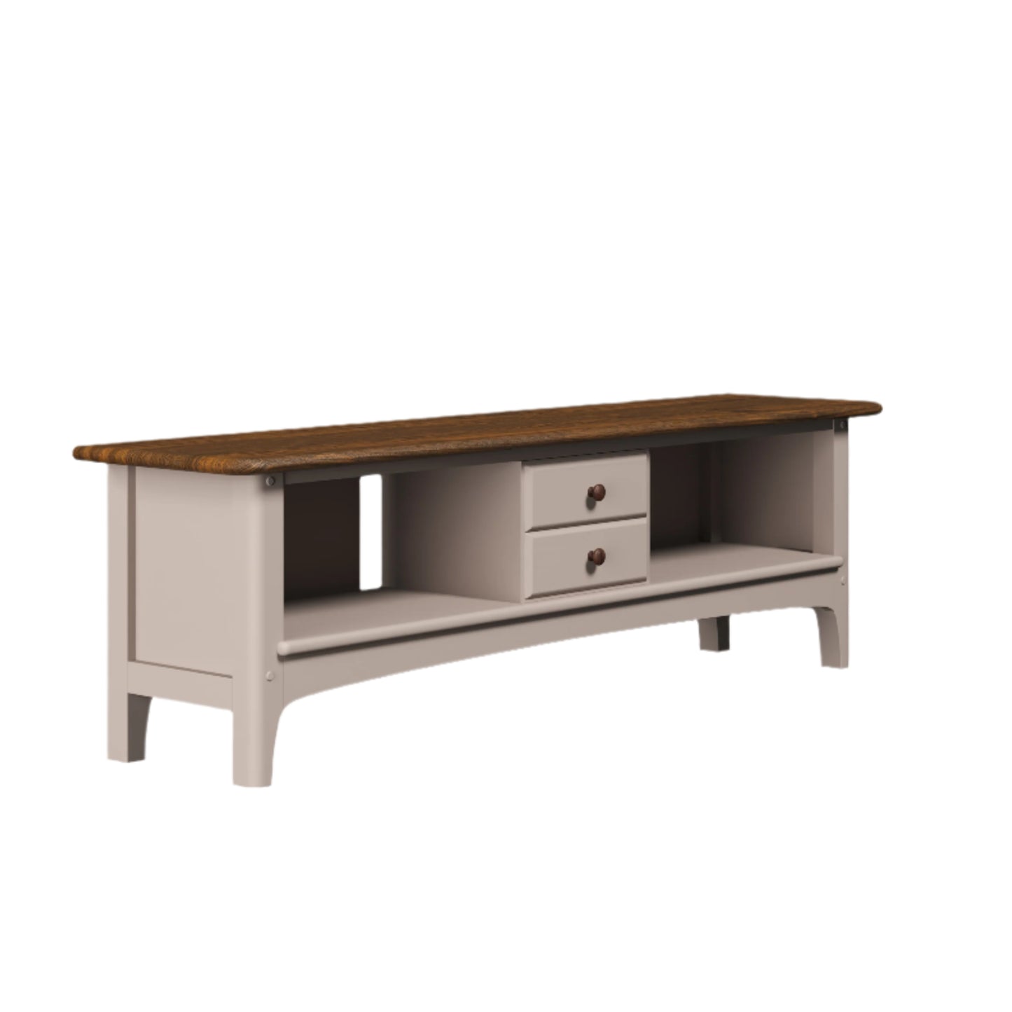 Wooden TV stand with a light gray base on a white background