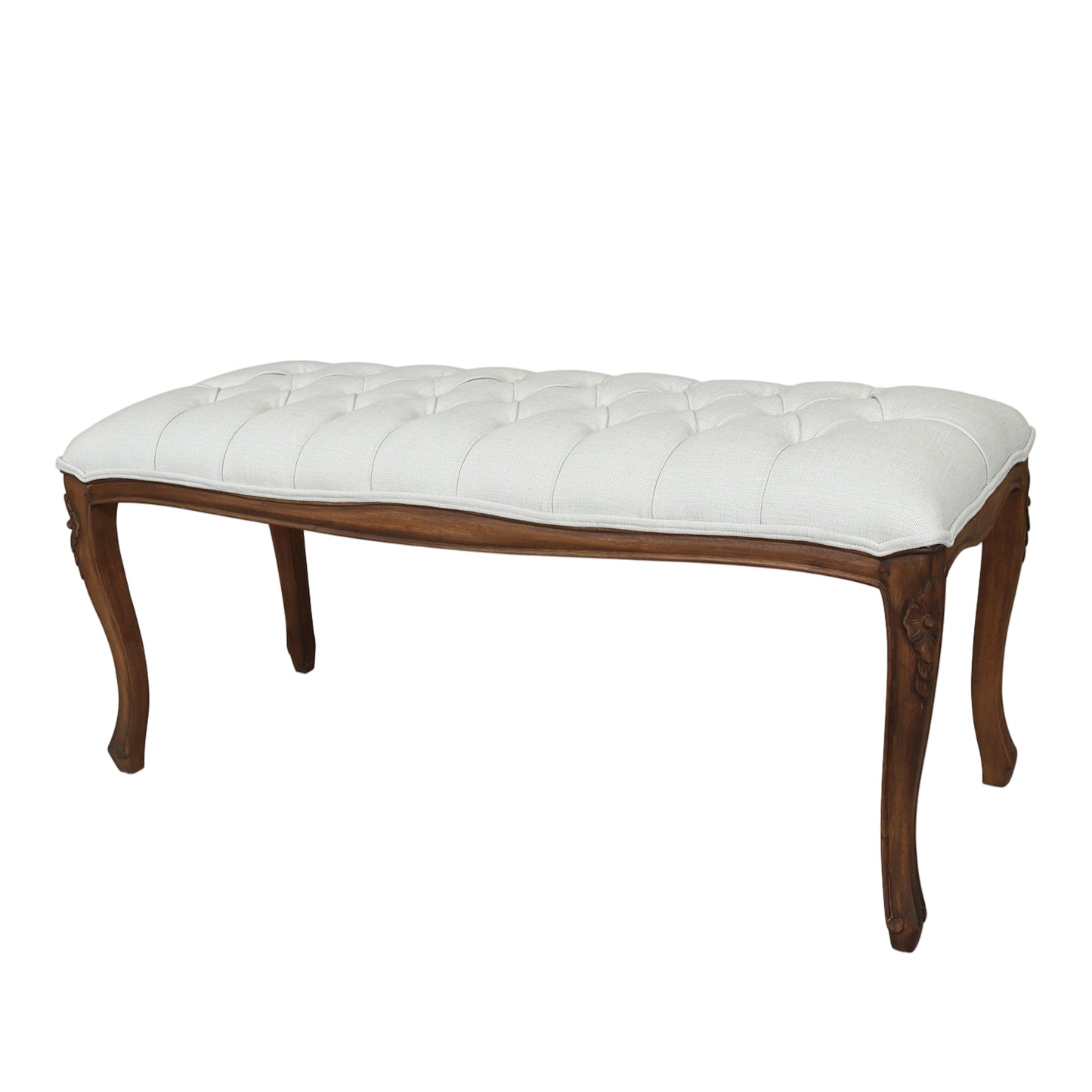 White upholstered bench with wooden legs on a white background