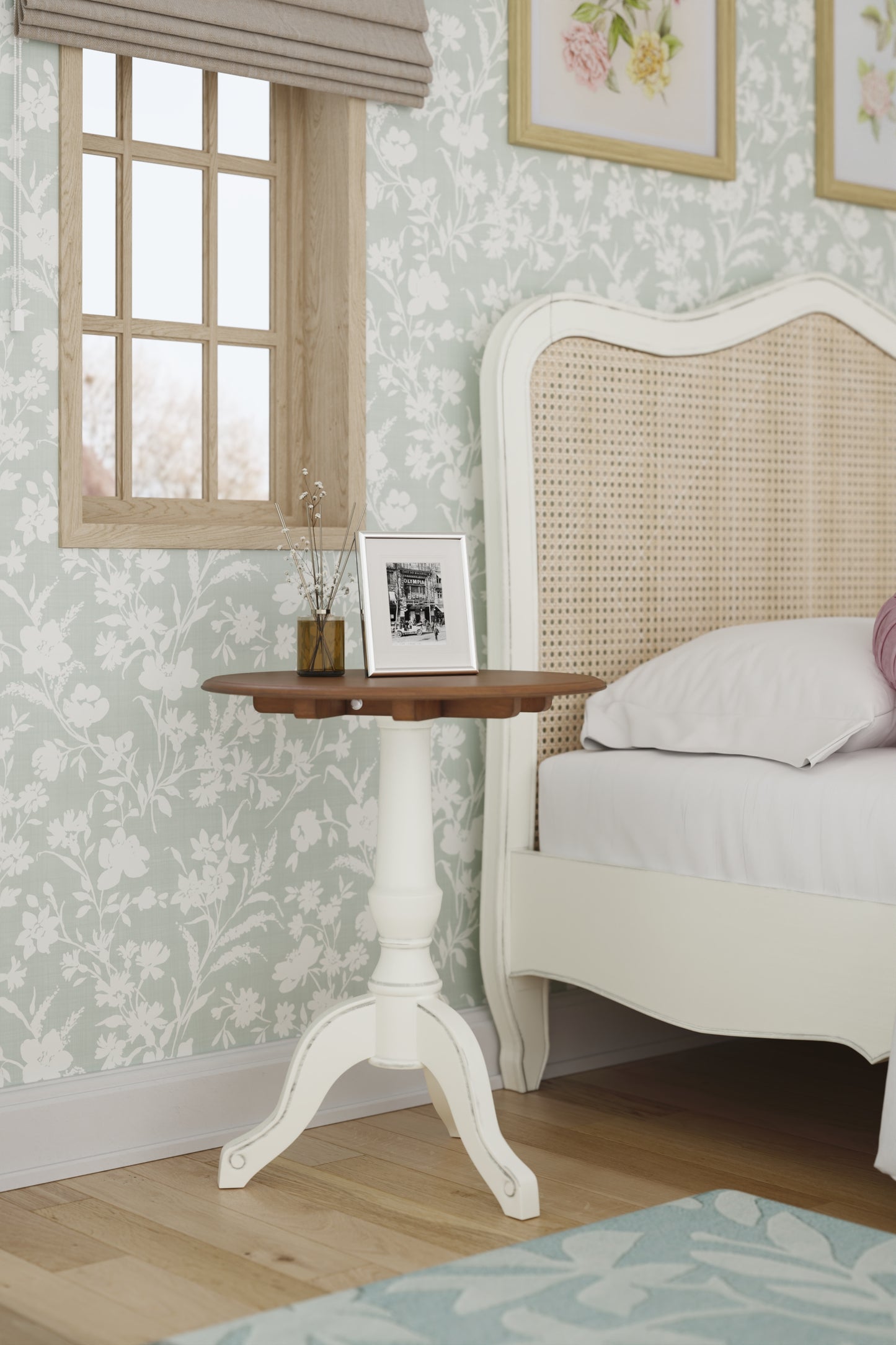 Bedroom corner with a bed, side table, and floral wallpaper.