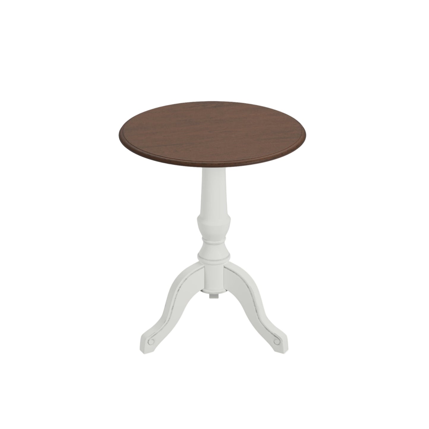 Round table with a white base and dark brown top on a light pink background