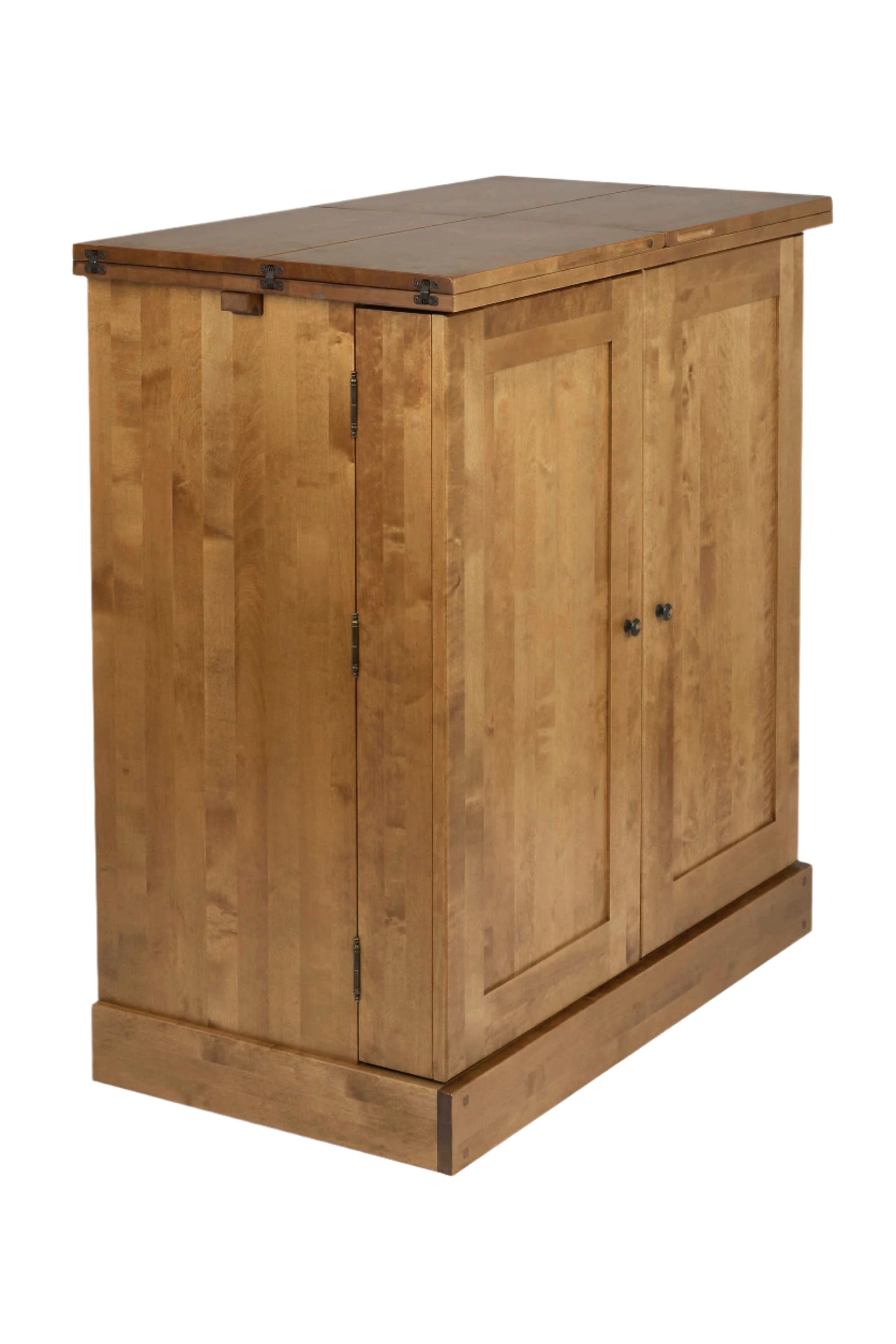 Wooden drinks cabinet with a simple design on a plain background, both doors are closed