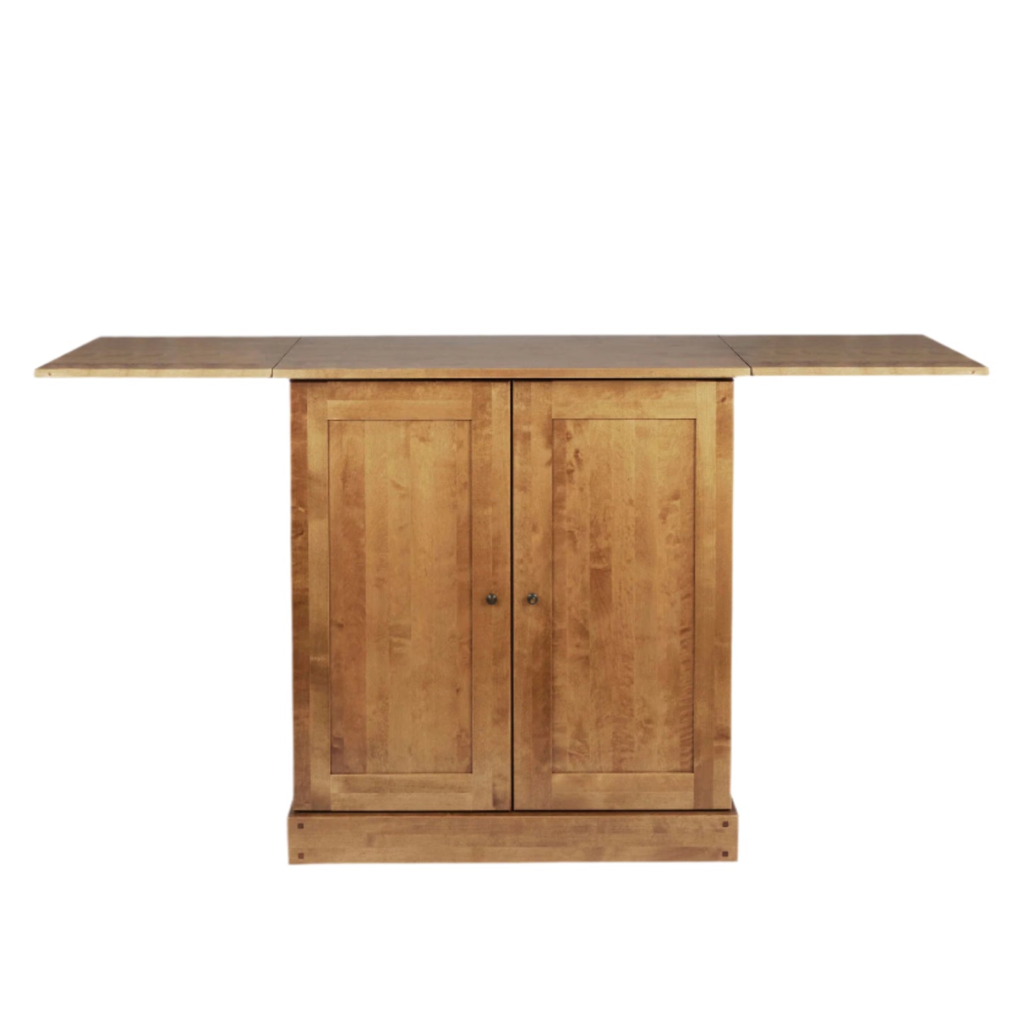 Wooden drinks cabinet with the extendable top open, with a simple design on a white background