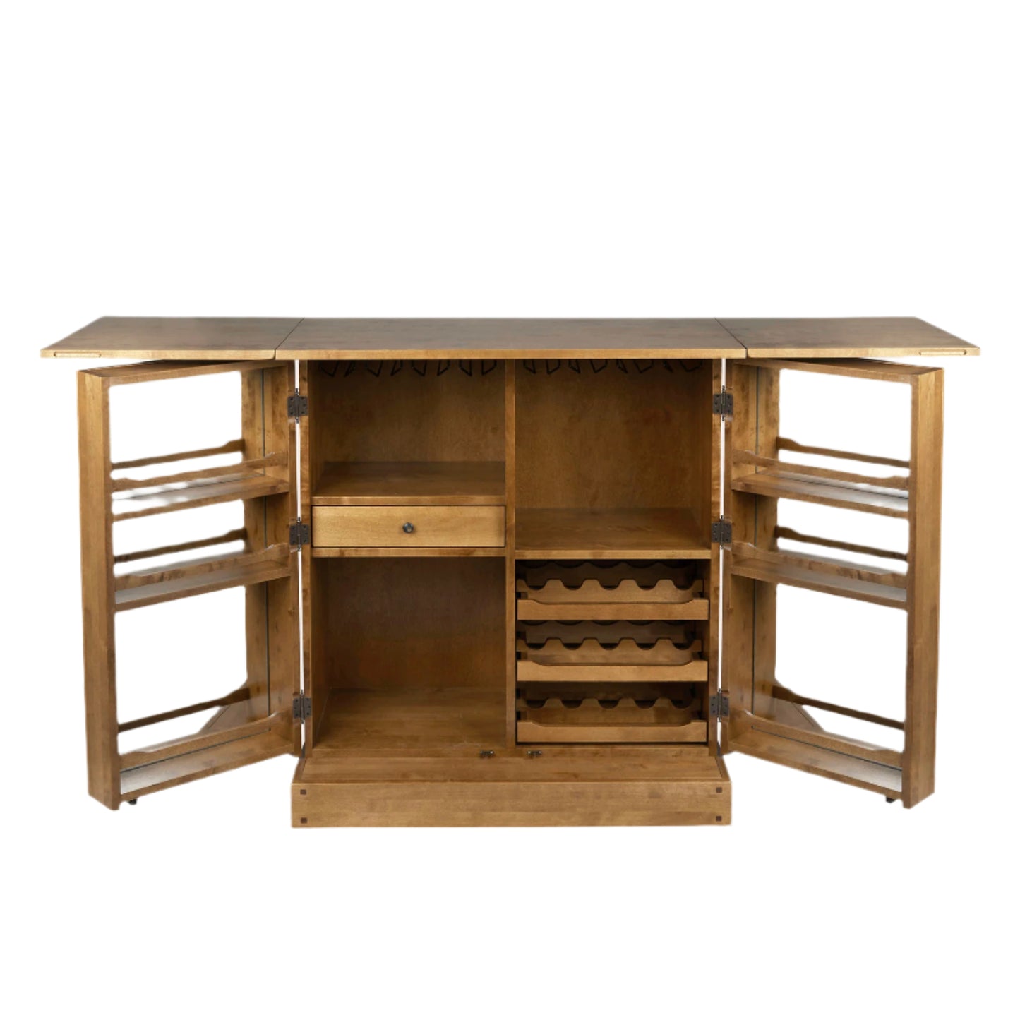 Wooden drinks bar cabinet with open doors showing the interior design for holding bottles and glasses on a white background