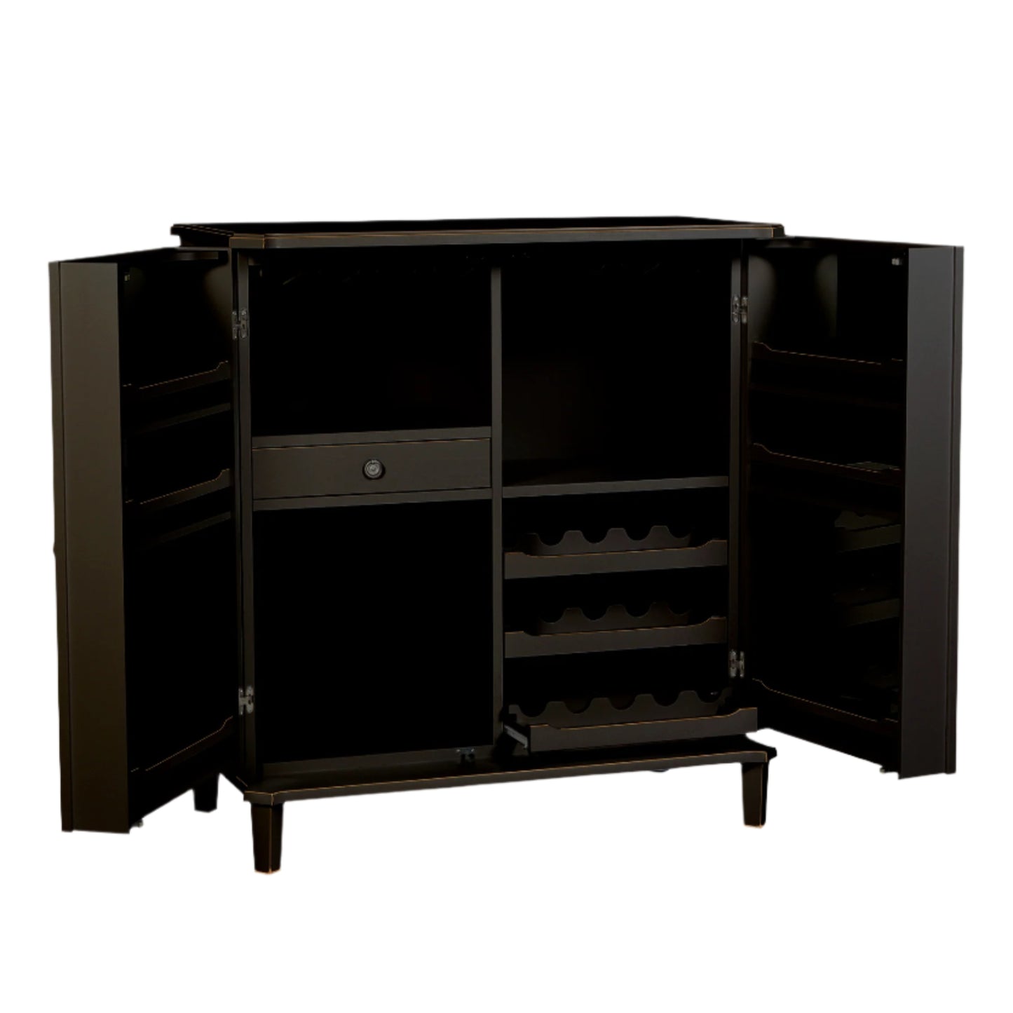 Black drinks cabinet with open doors on a white background
