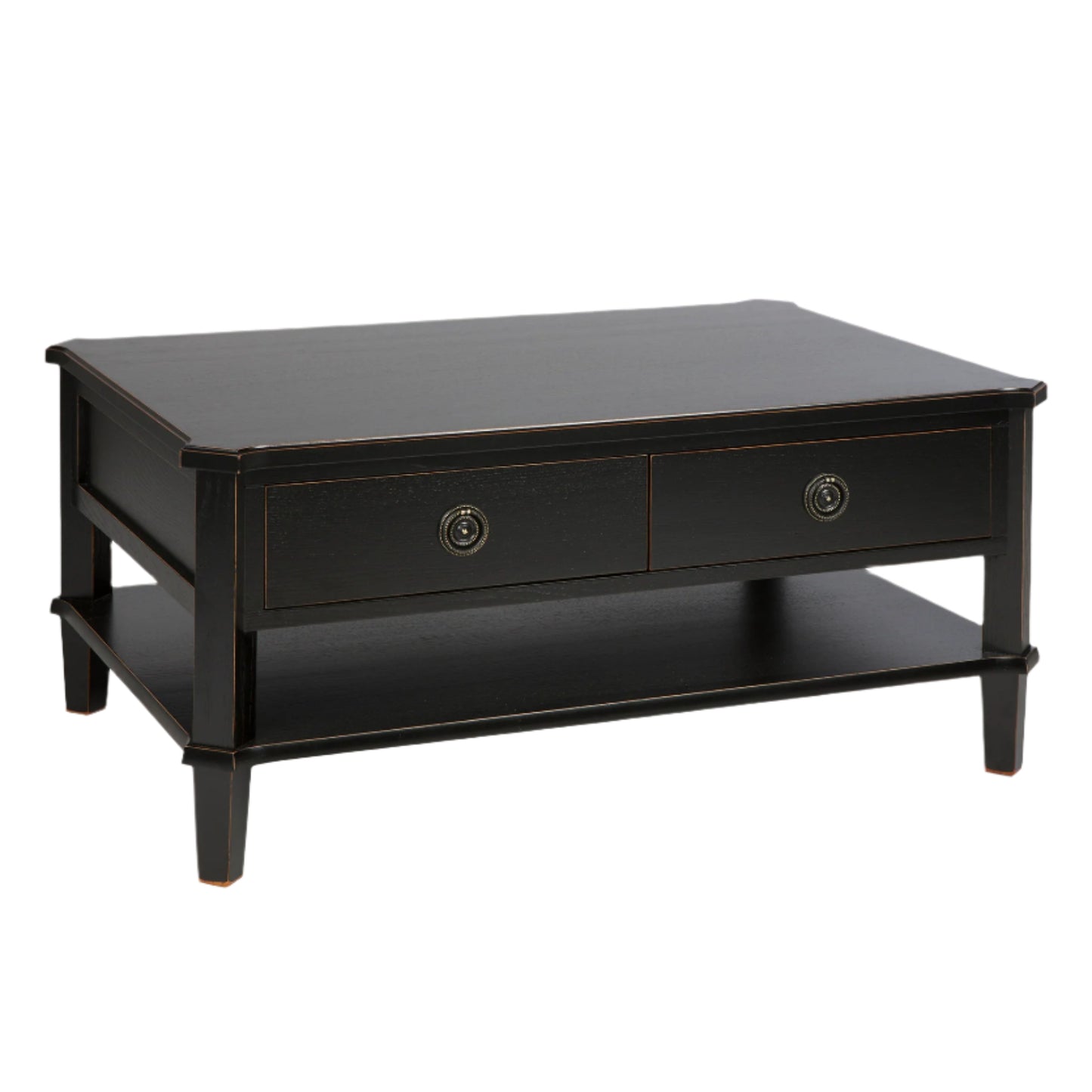 Black coffee table with a drawer on a white background