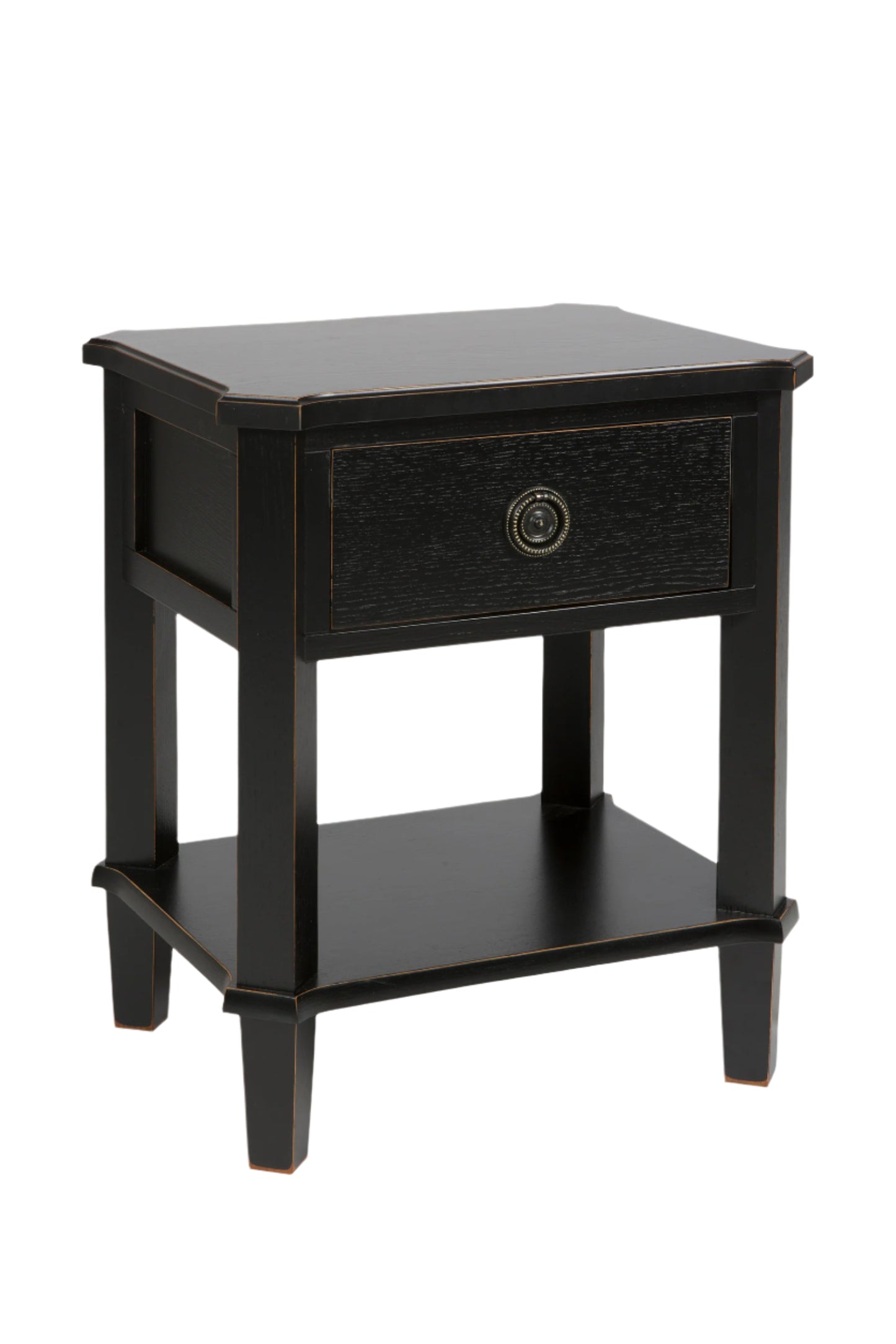 Black side table with a drawer on a white background