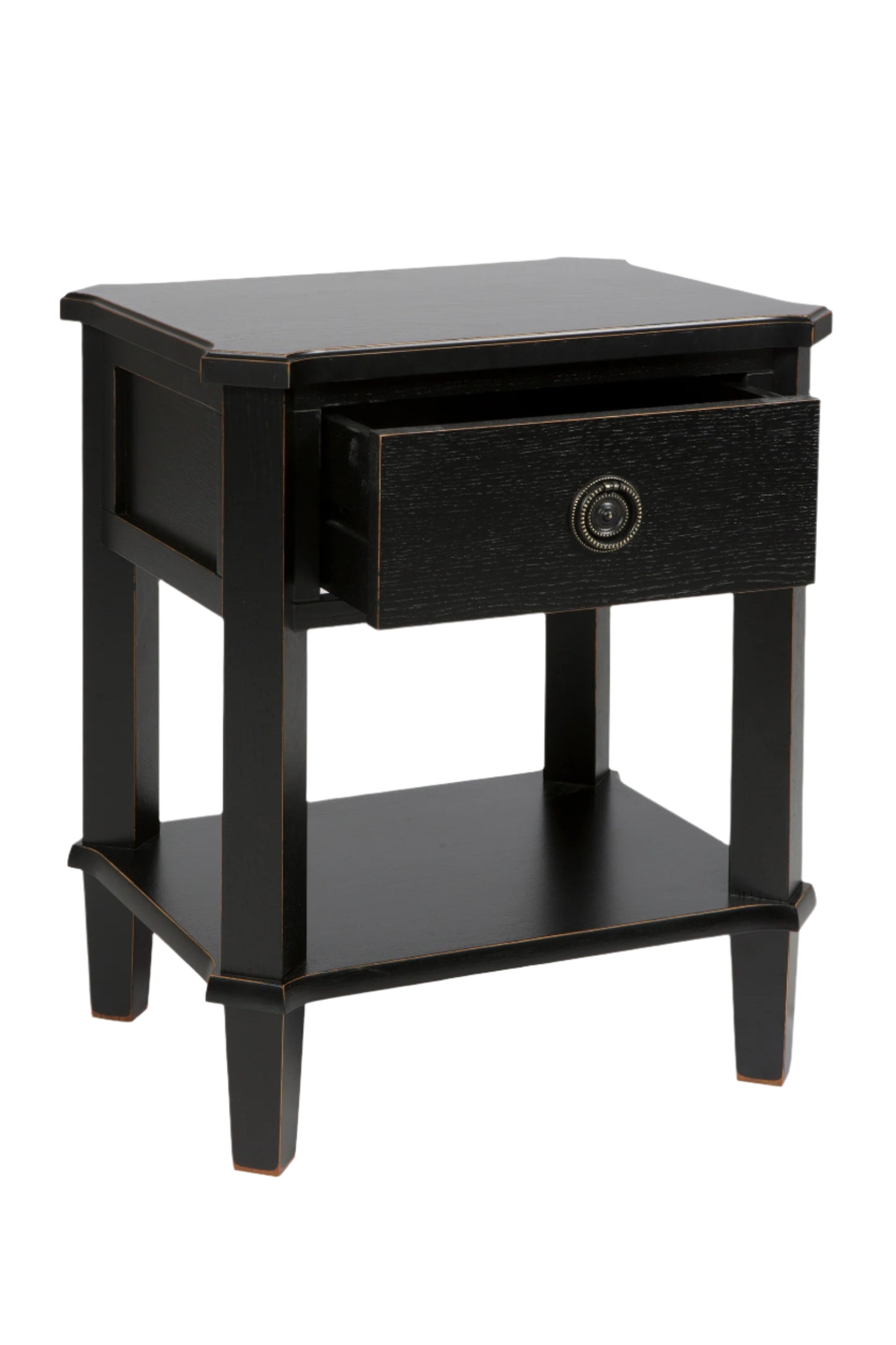 Black nightstand with a drawer on a white background