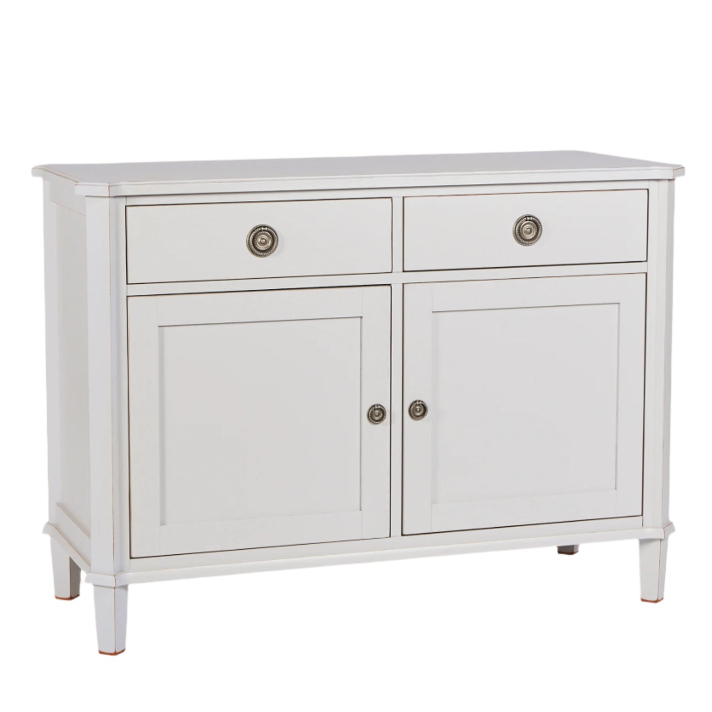 White sideboard with two doors and two drawers on a white background