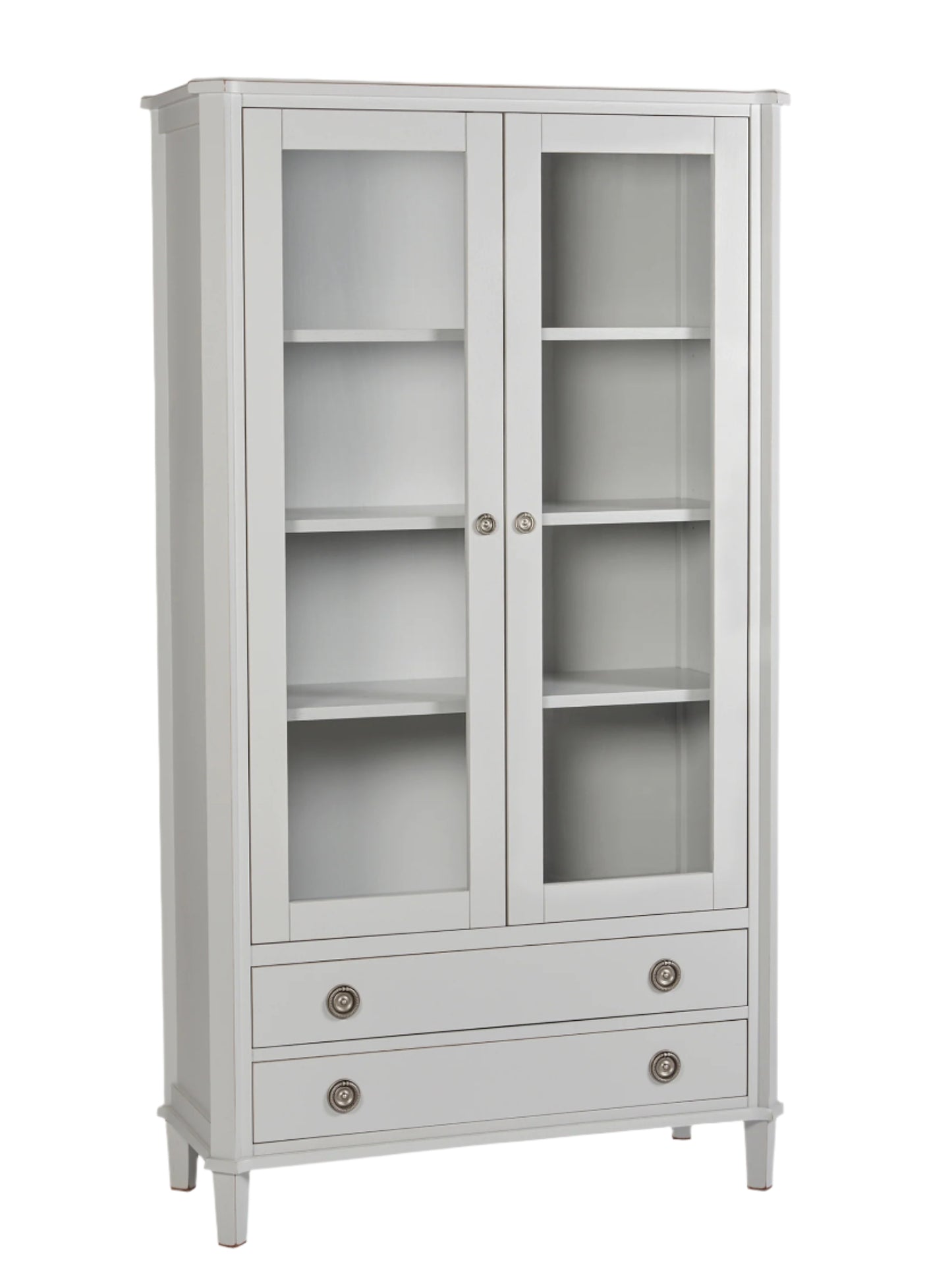 Light gray cabinet with glass doors and drawers on a white background
