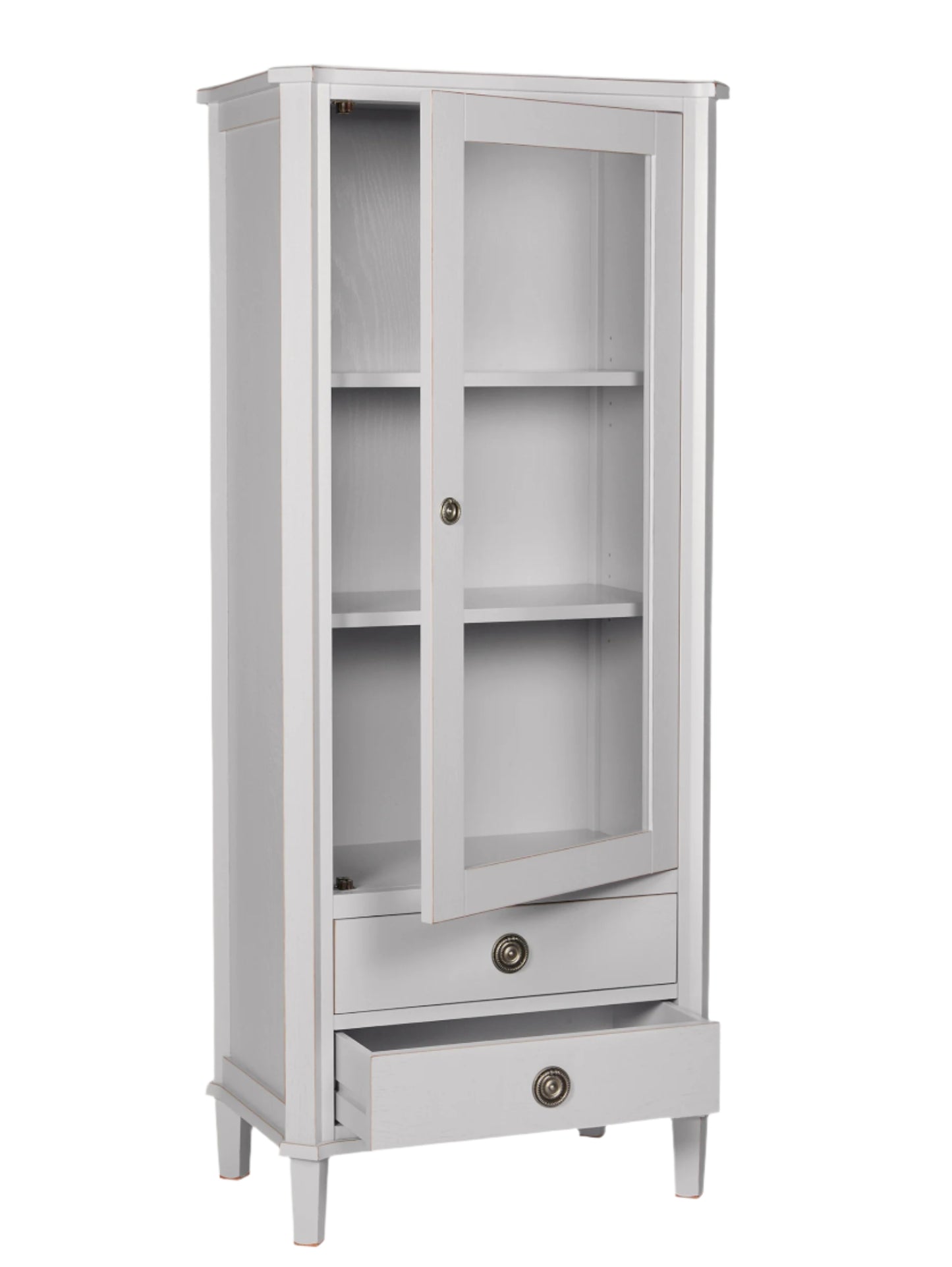 Gray cabinet with a glass door and a drawer on a white background