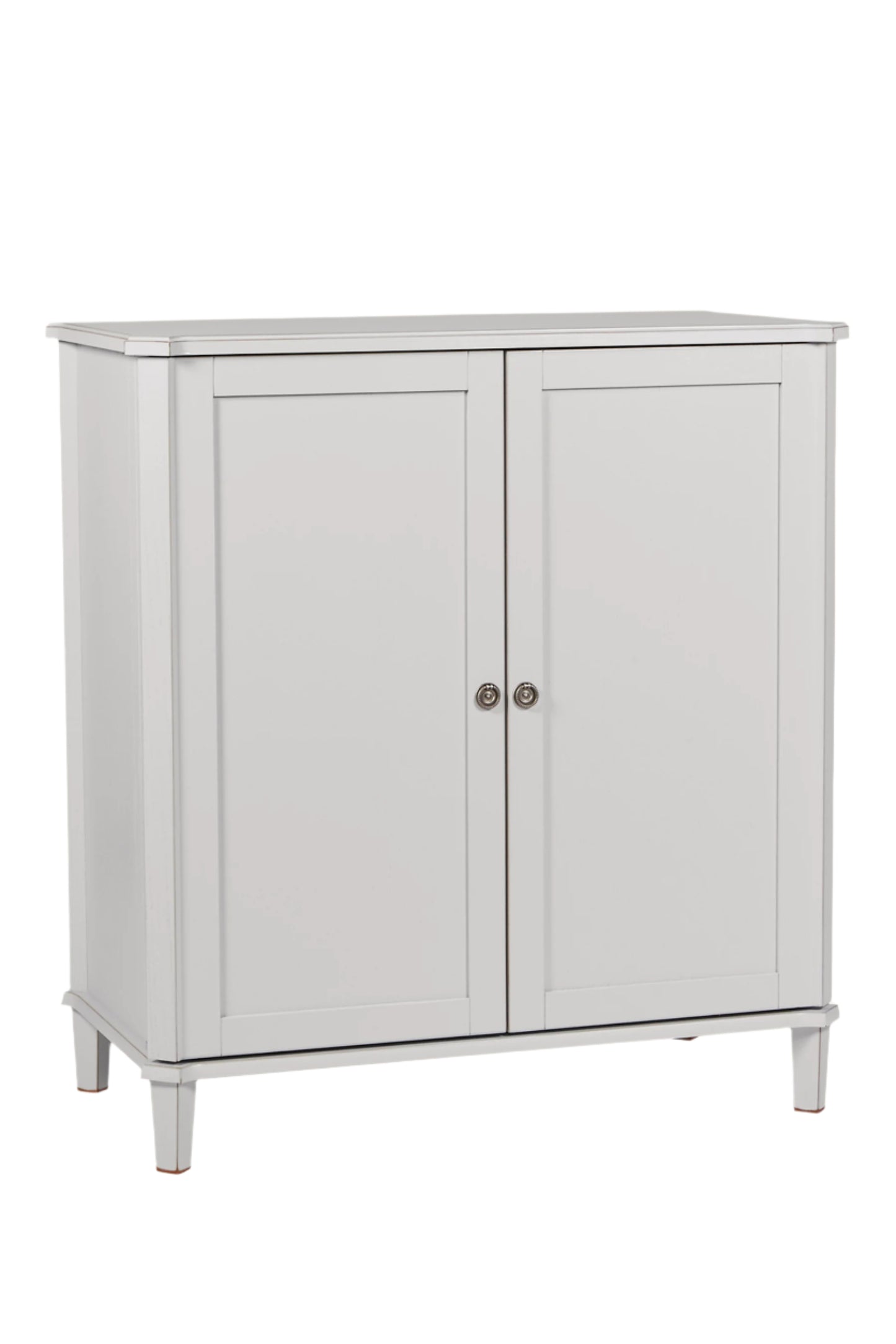 Pale grey drinks cabinet with two doors on a white background