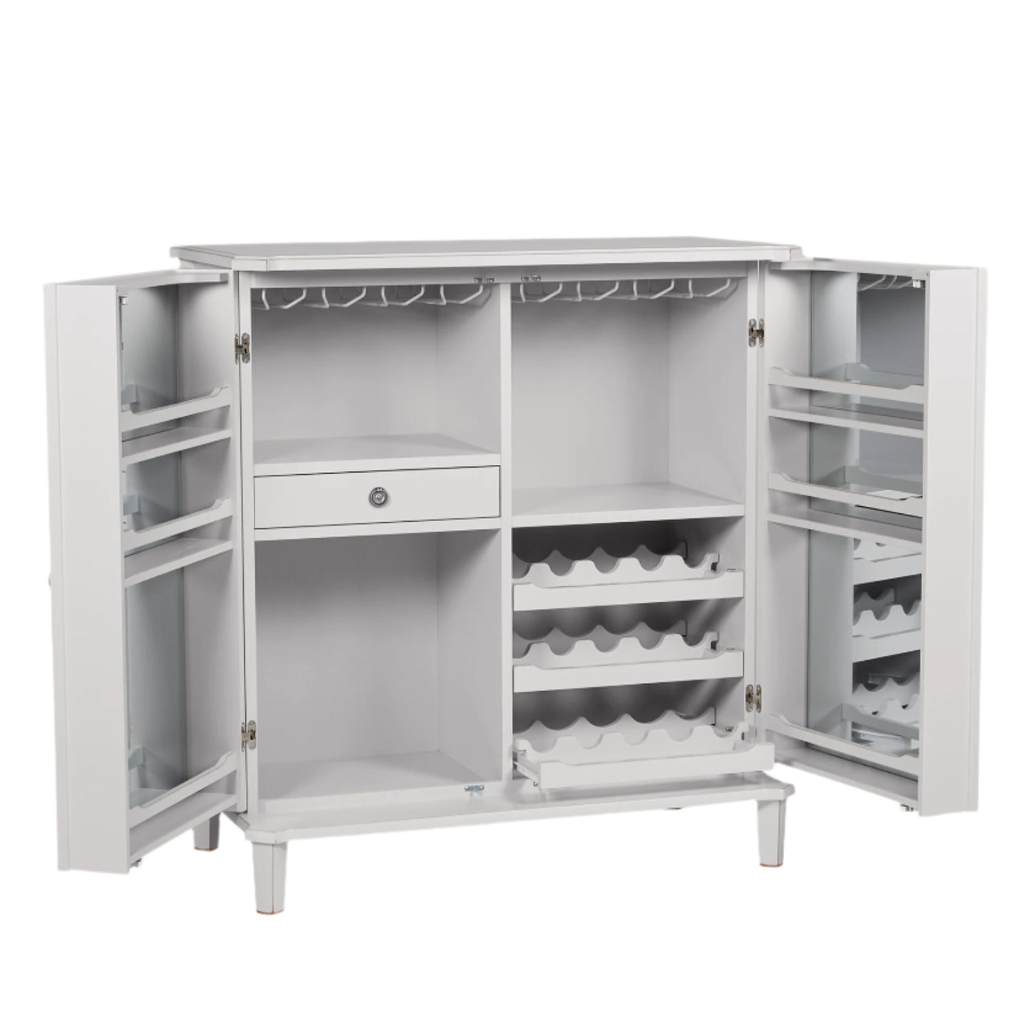 Pale grey drinks cabinet with open doors displaying shelves on a white background