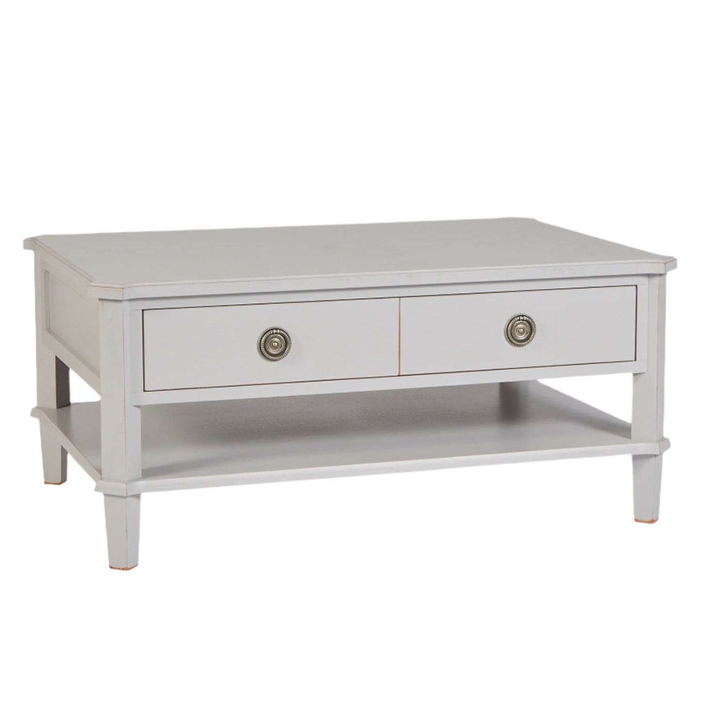 Light gray coffee table with two drawers and round handles on a white background
