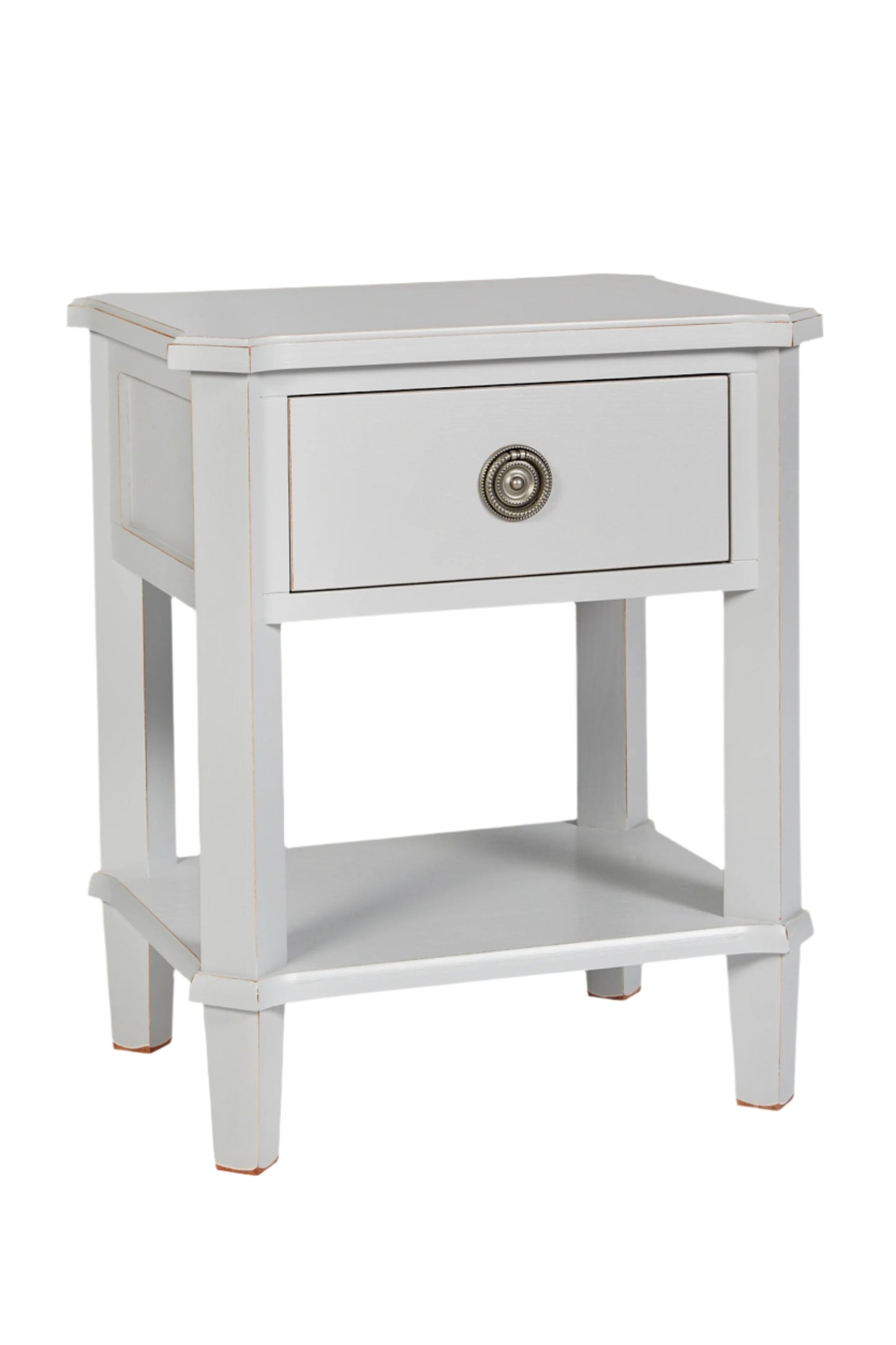 White side table with a drawer on a white background