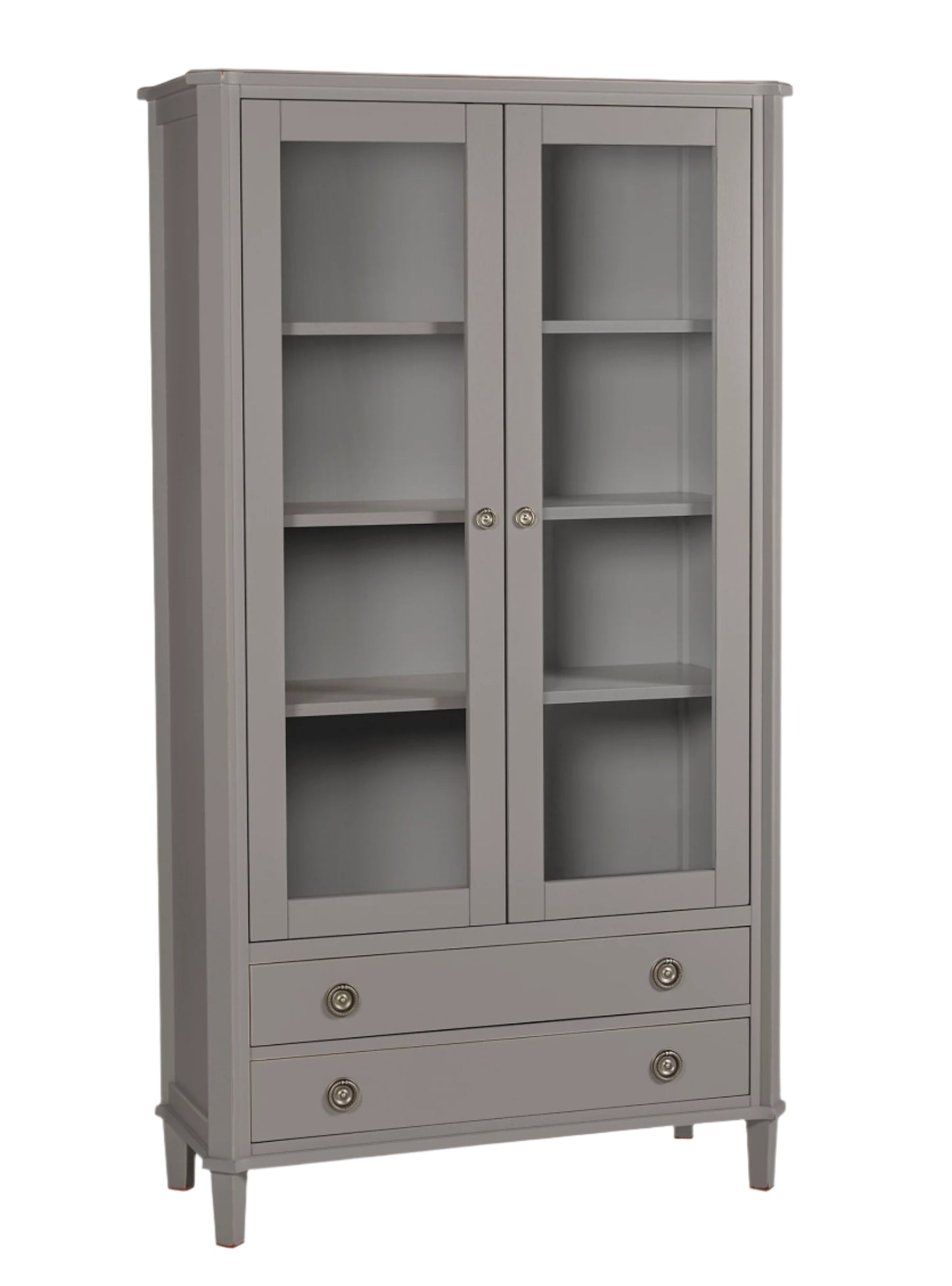 Gray cabinet with glass doors and a drawer on a white background