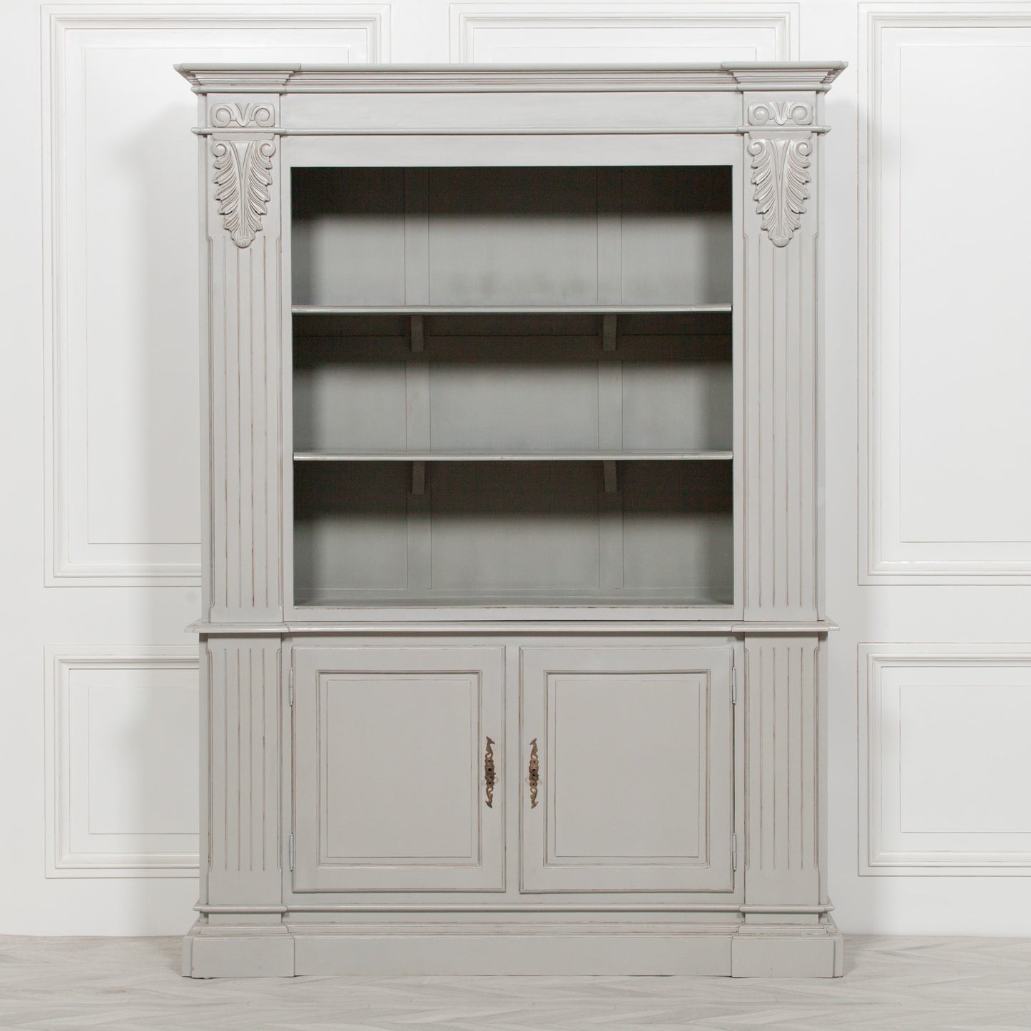 Handcrafted Large Grey Mahogany Open Bookcase with Corbel Detailing - GPF02