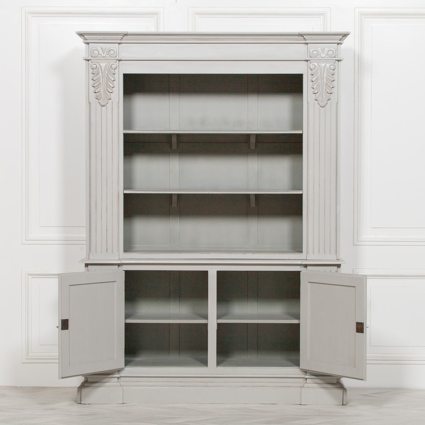 Handcrafted Large Grey Mahogany Open Bookcase with Corbel Detailing - GPF02