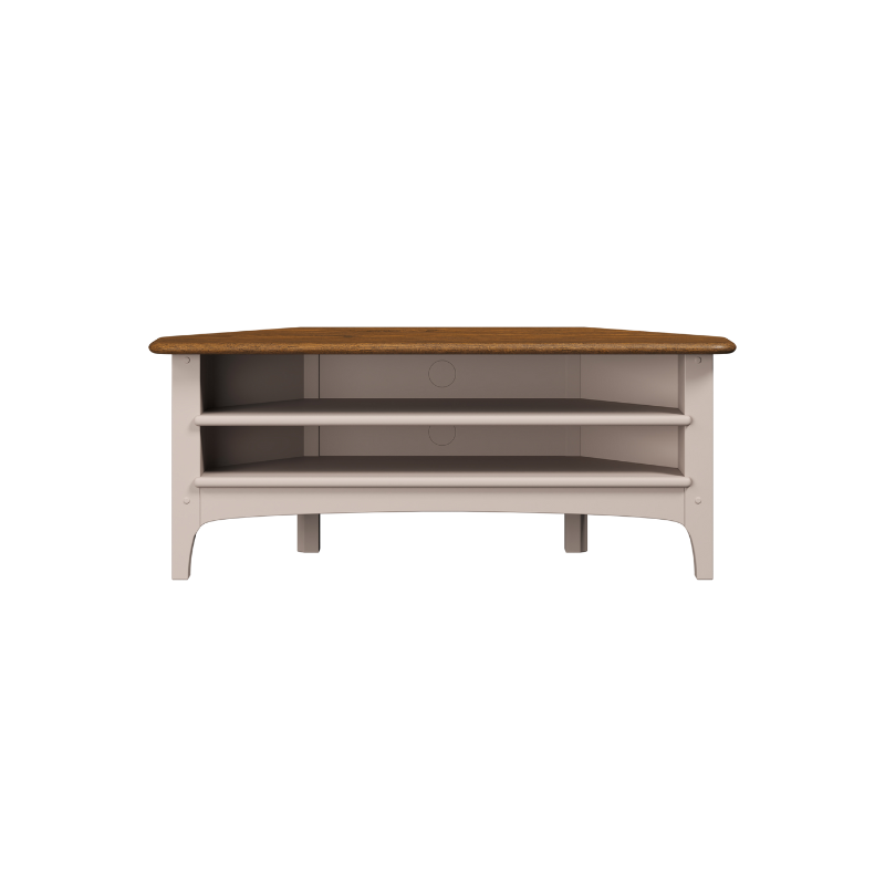 Corner TV stand with wooden top and white base on a white background