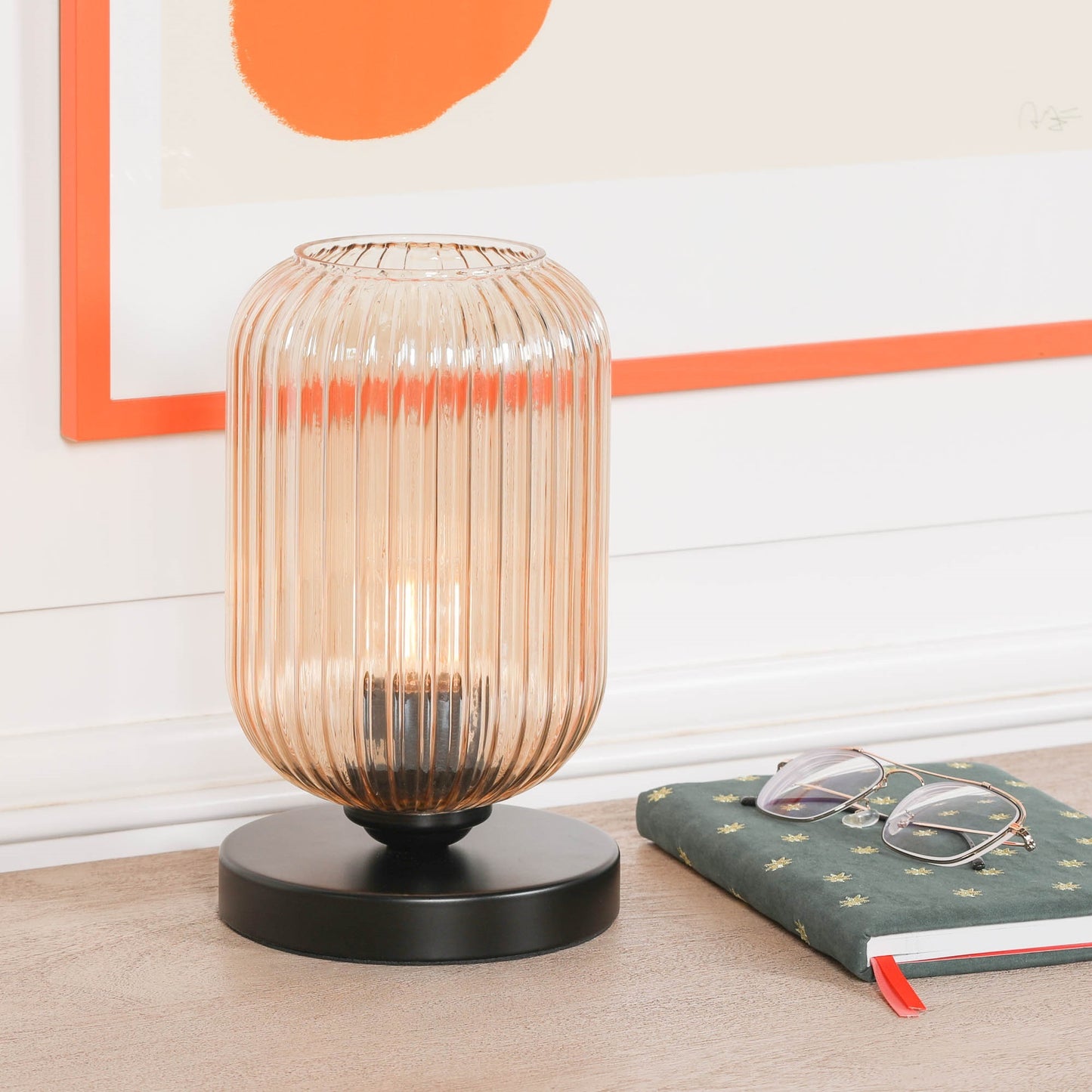 Maison Reproductions Black Metal Table Lamp with Ribbed Smoked Glass Shade