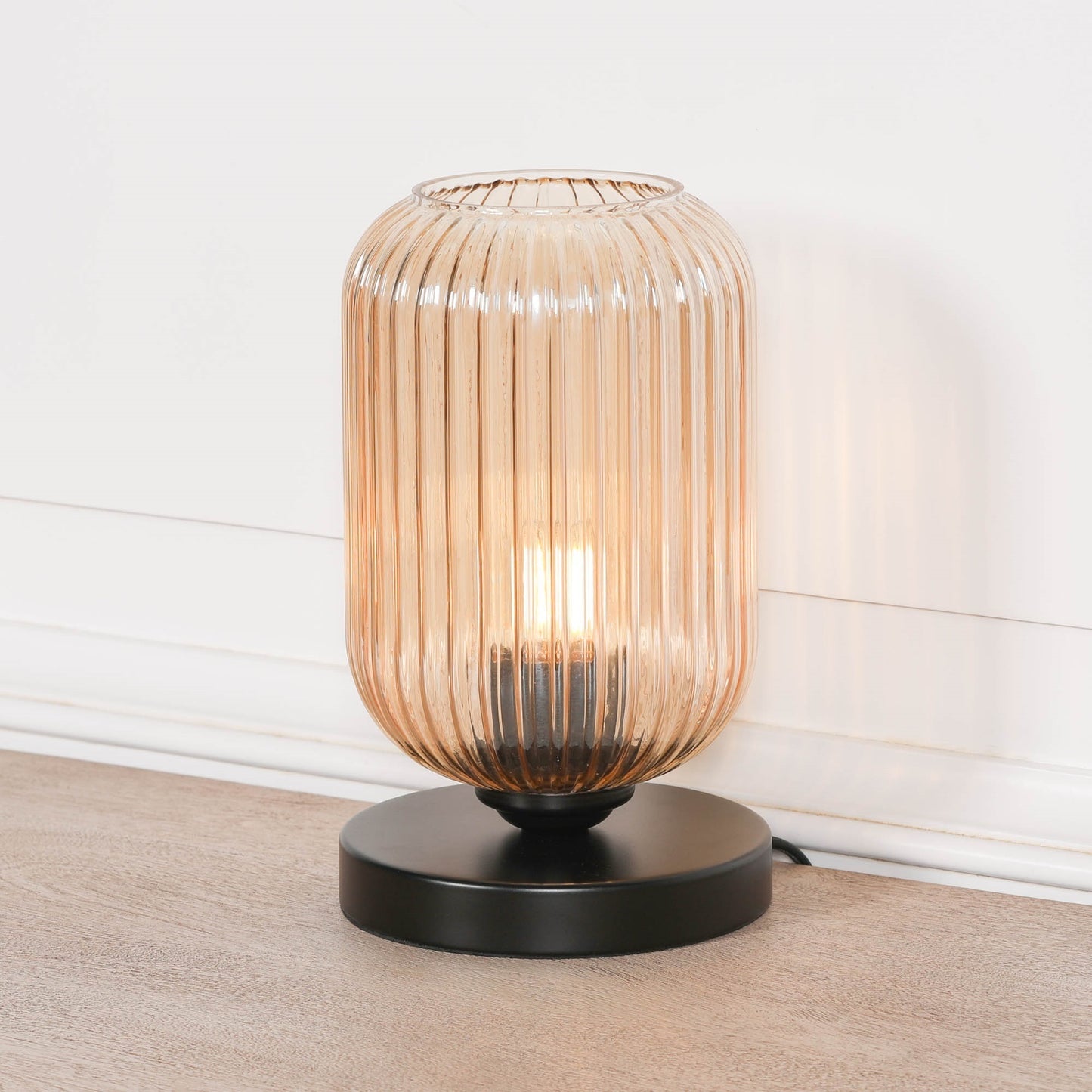 Maison Reproductions Black Metal Table Lamp with Ribbed Smoked Glass Shade