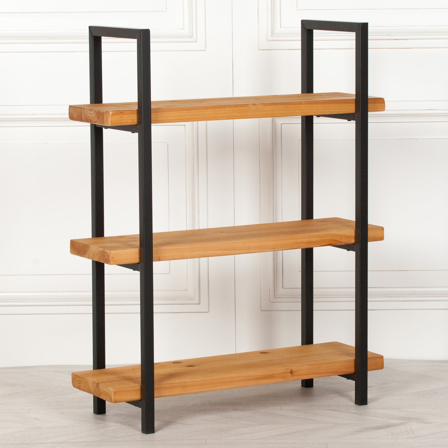 Rustic Industrial Pine Wood & Metal 3 Tier Bookcase Shelving - IDS10