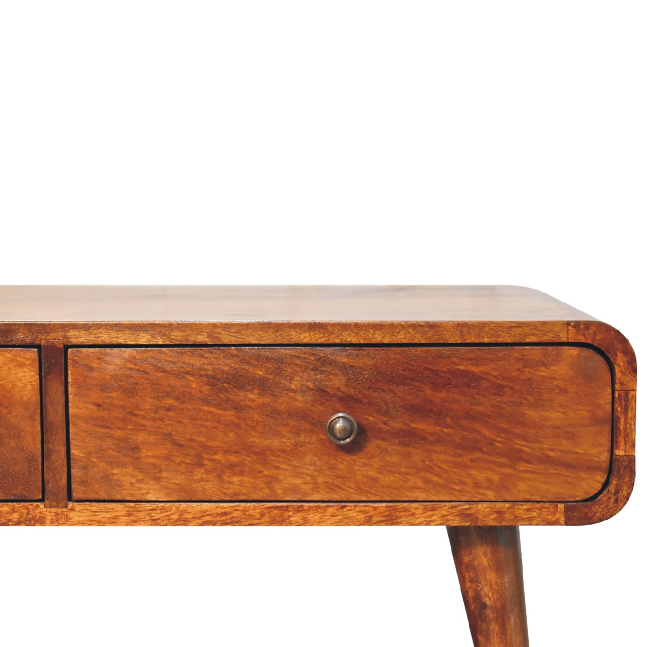 Close-up of the right hand drawer with rounded brass knobs and neatly framed fronts.