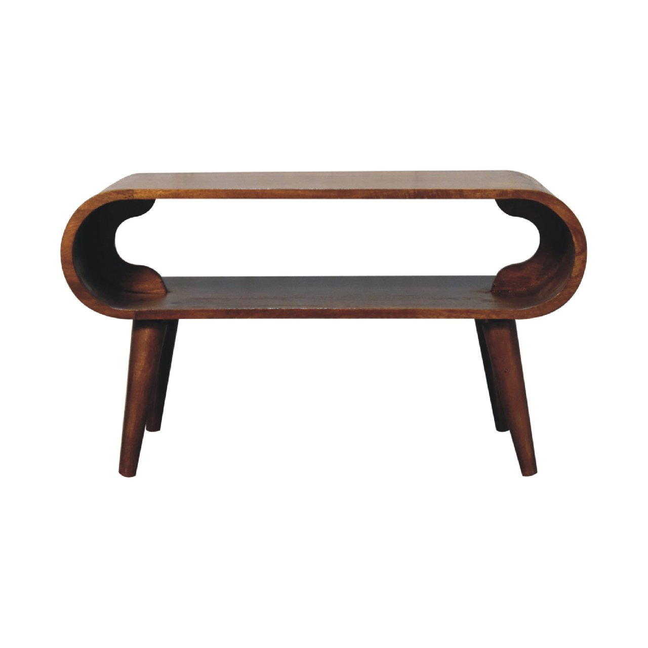 Modern wooden coffee table with a curved open-frame design, smooth oval-edged top, lower shelf, and angled tapered legs.