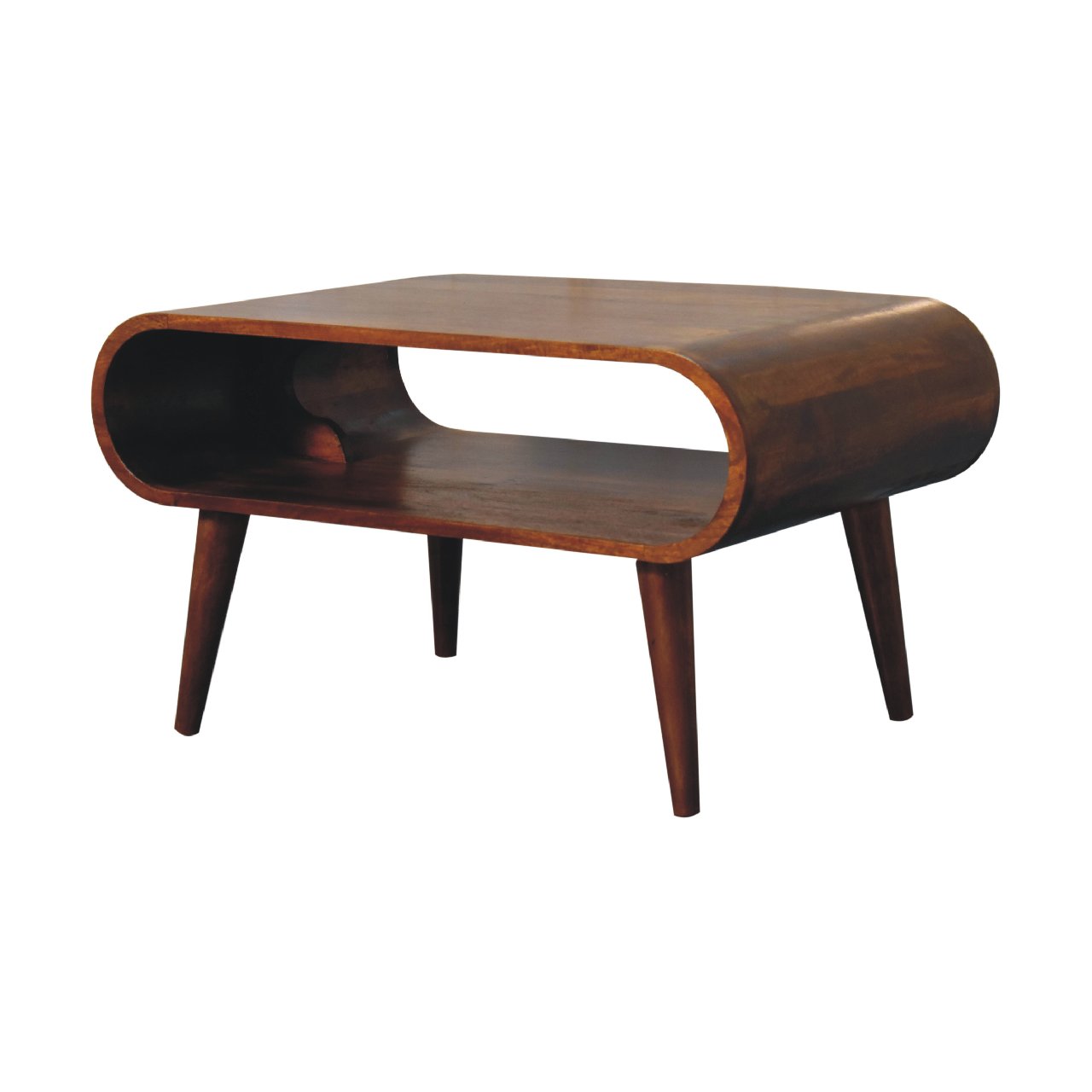 Angled corner view of a modern wooden coffee table with a curved oval-shaped frame, lower storage shelf, and slanted wooden legs.