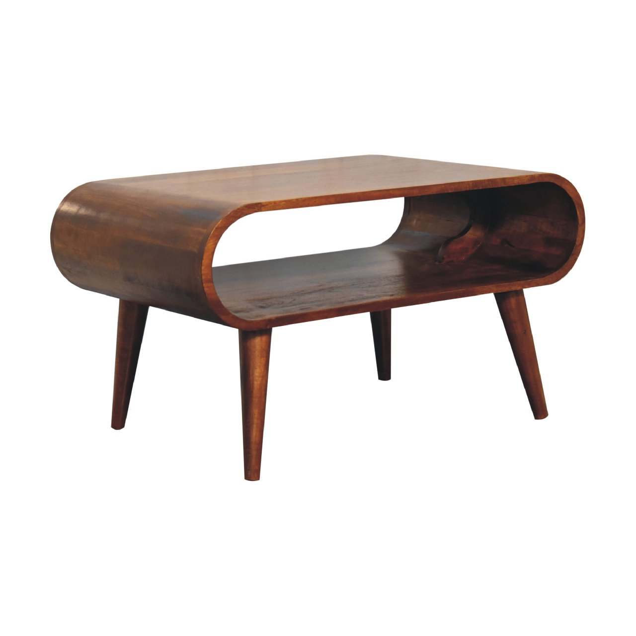 Angled left hand side corner view of a modern wooden coffee table with a curved oval-shaped frame, lower storage shelf, and slanted wooden legs.