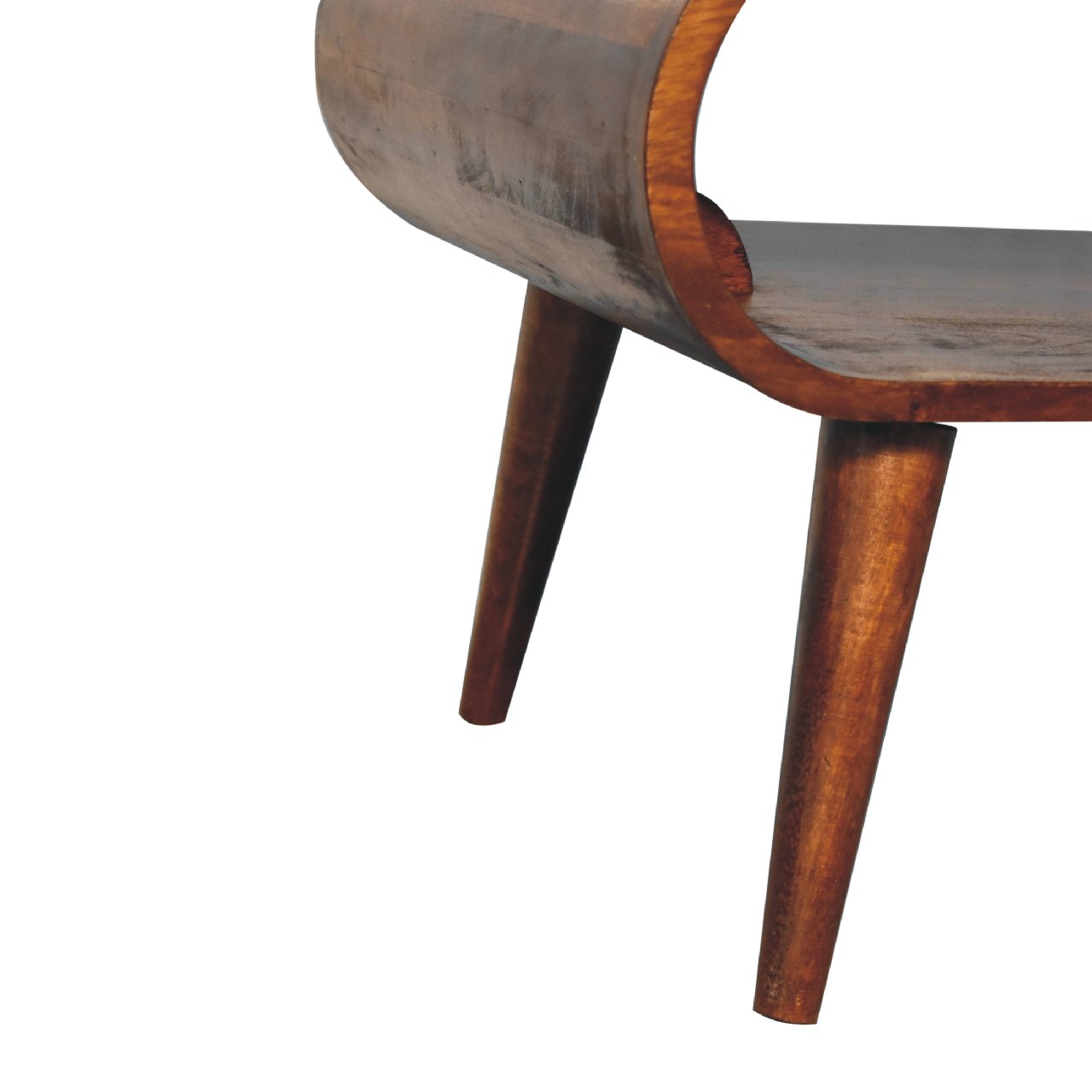 Detailed view of an angled tapered leg supporting a curved wooden coffee table, highlighting the craftsmanship and polished finish.