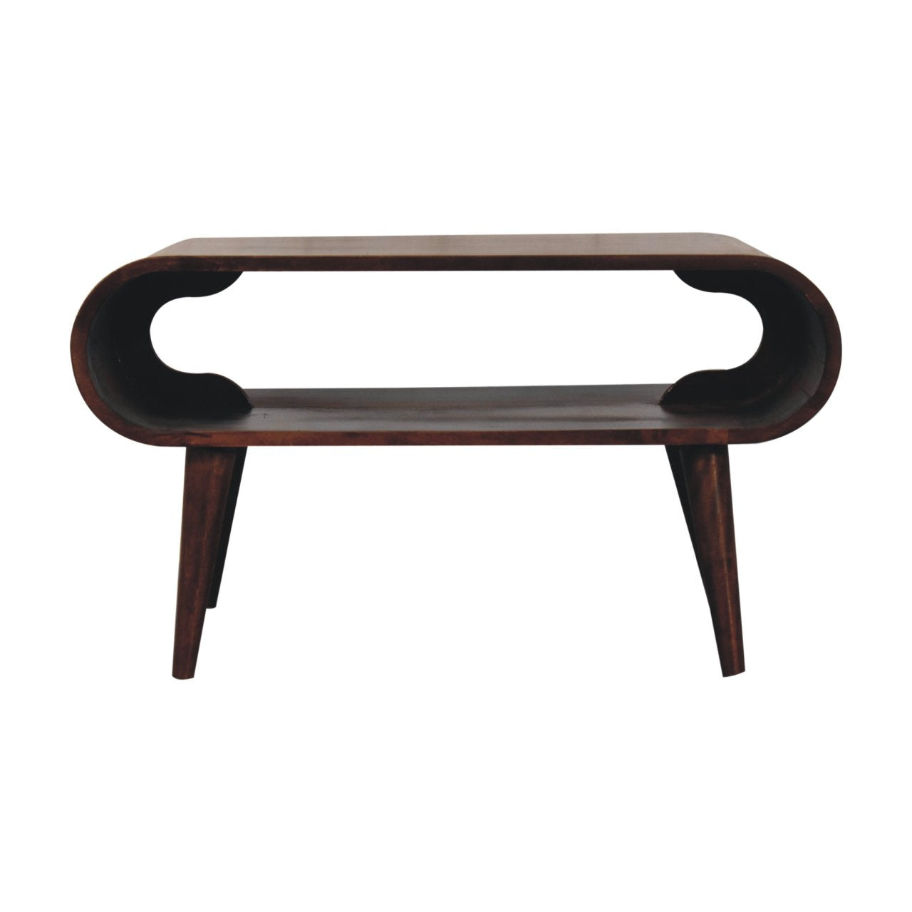 oval dark brown wooden coffee table with 4 legs on a white background