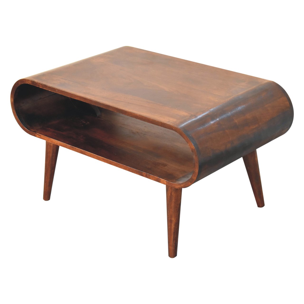 bird's eye view of a flat topped oval coffee table with 4 legs on a white background