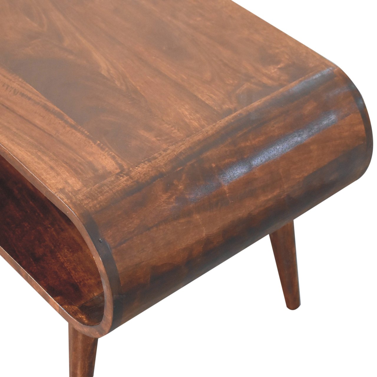 bird's eye view of a flat topped oval coffee table with 4 legs on a white background