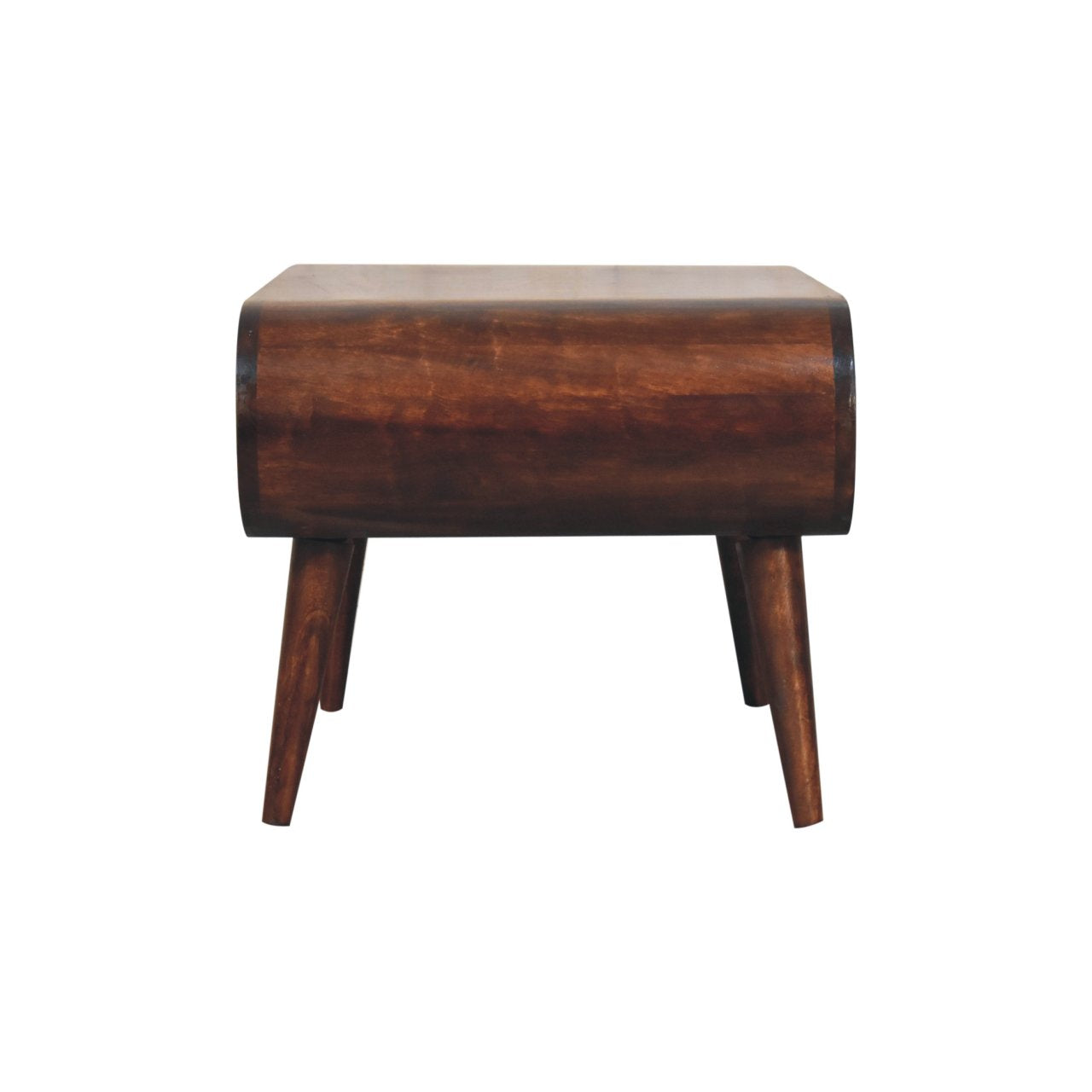 Side view of oval flat topped dark brown wooden coffee table on a white background