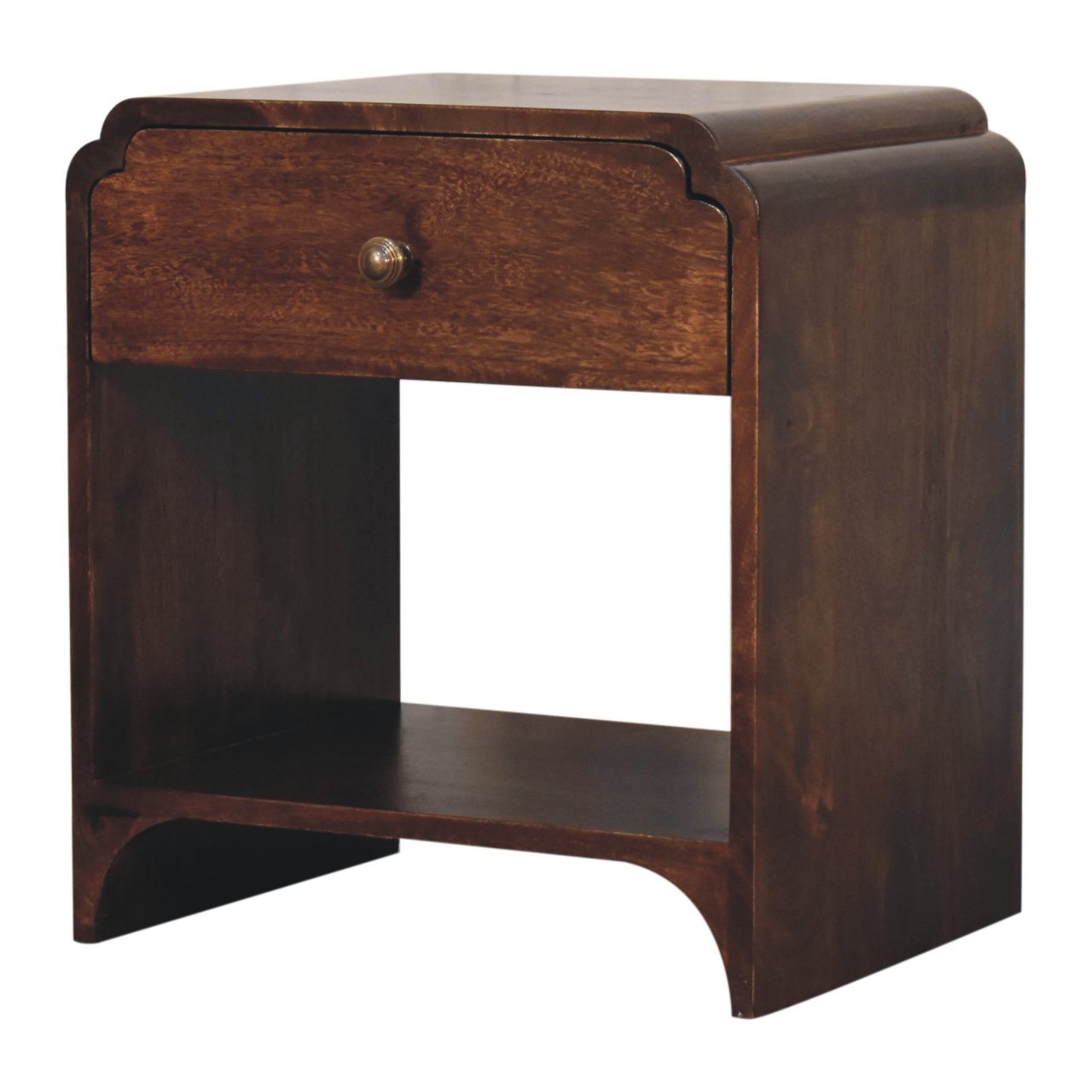 Right side angle of the bedside table highlighting its smooth finish and sturdy construction.