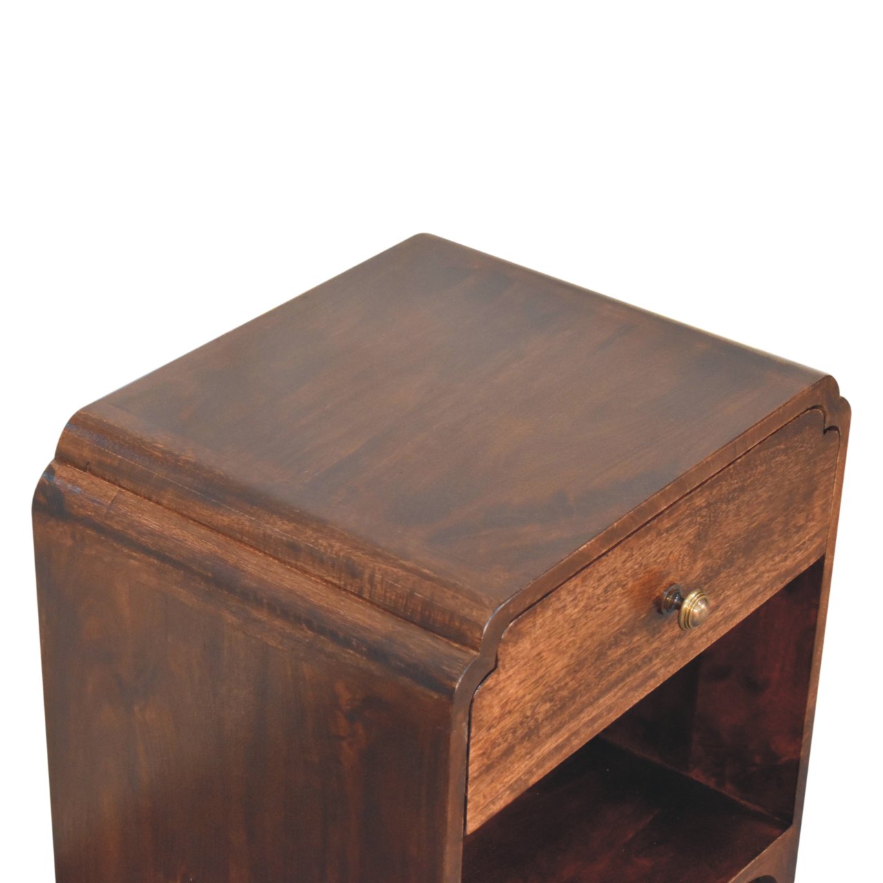 Close-up of the tabletop surface showing the rich wood grain and polished finish.