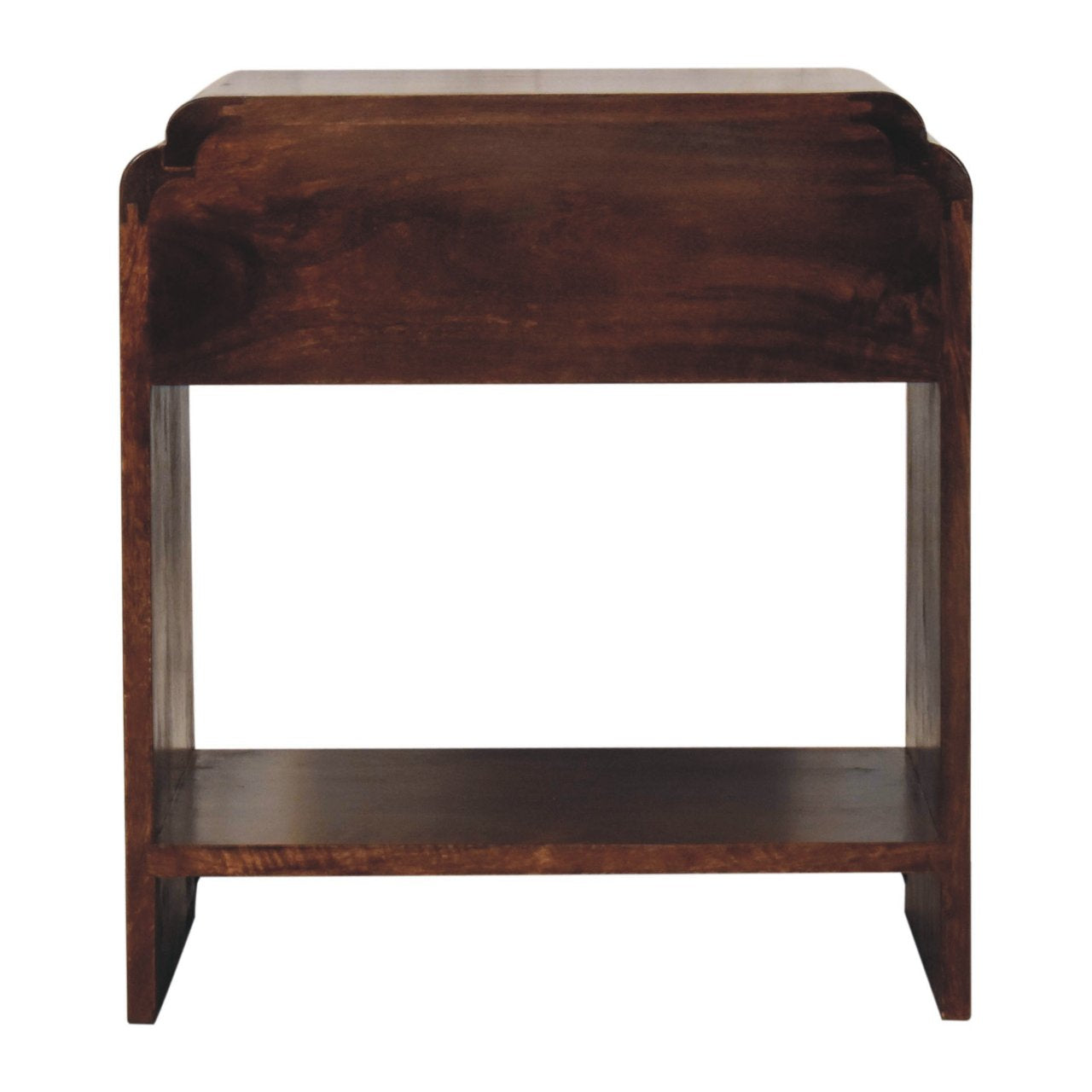 Straight-on back view of the handcrafted wooden bedside table showing the single drawer and lower shelf.