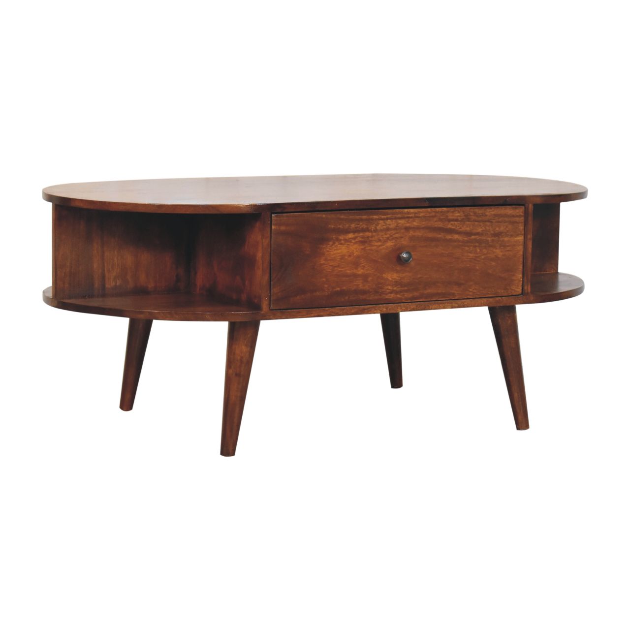 45 degree left angle from the front-facing view of the oval coffee table showing its single central drawer and open shelves on either side.