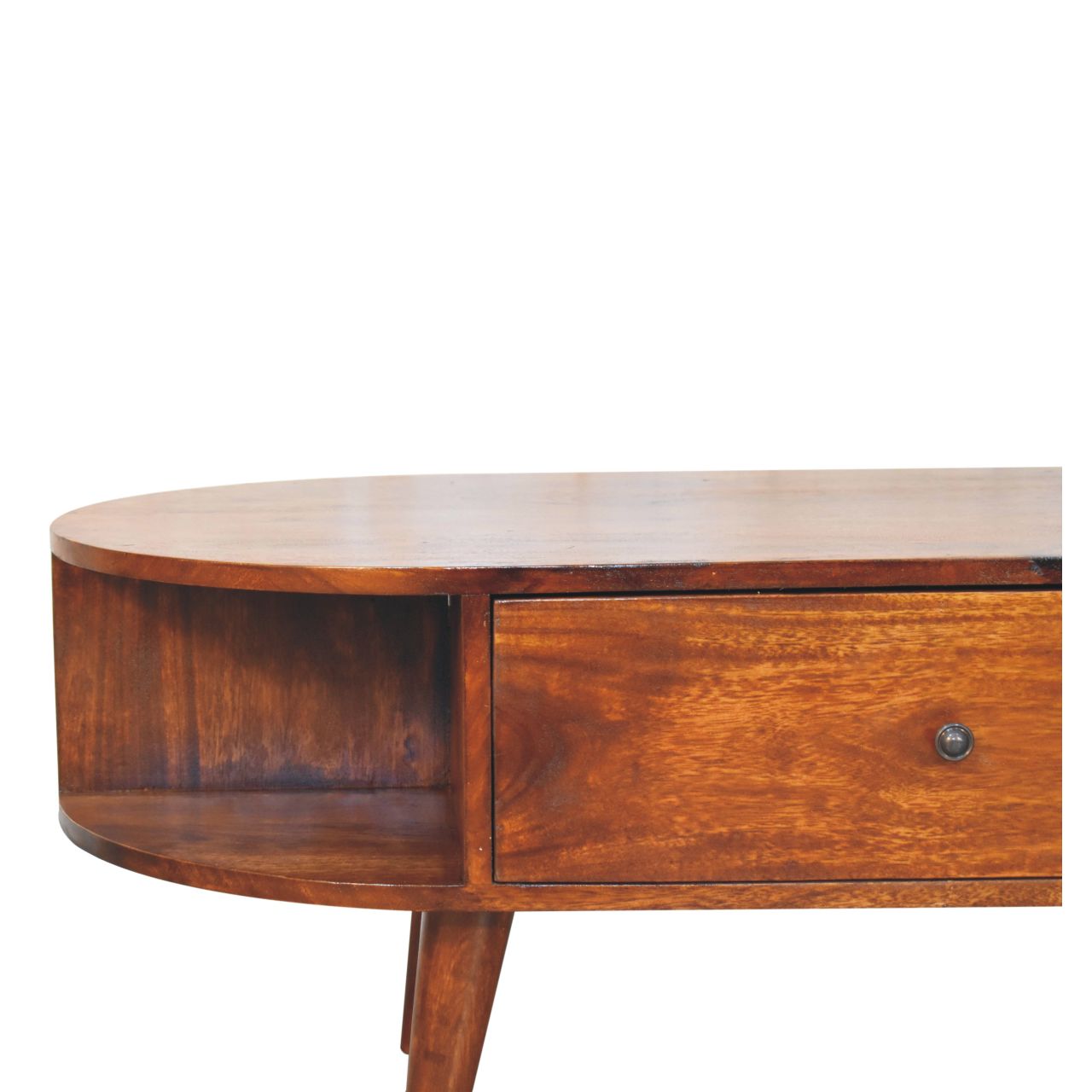 Close-up of the left side open compartment and the central drawer with a small round handle, set within the rich wooden frame of the coffee table.
