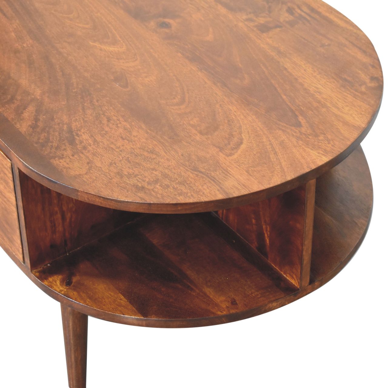 Top view of the oval wooden coffee table, showing the polished surface, the 2 open compartments and rounded edges.