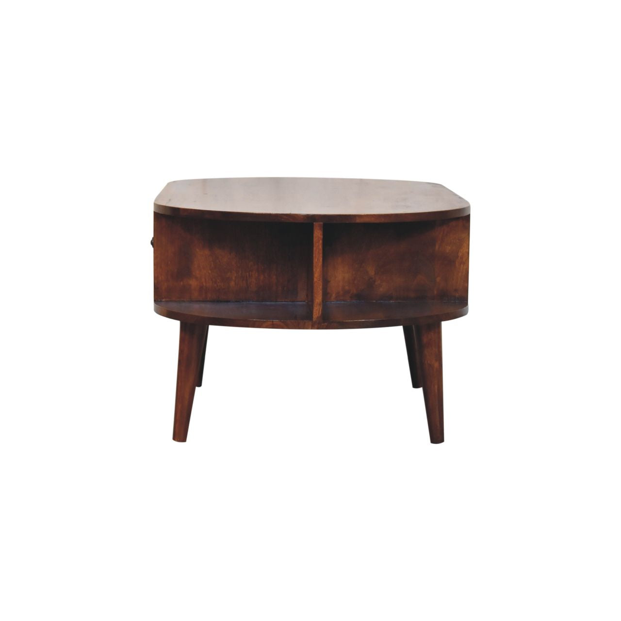 Side profile of the wooden coffee table, highlighting its smooth oval shape, 2 open storage compartments and mid-century design.