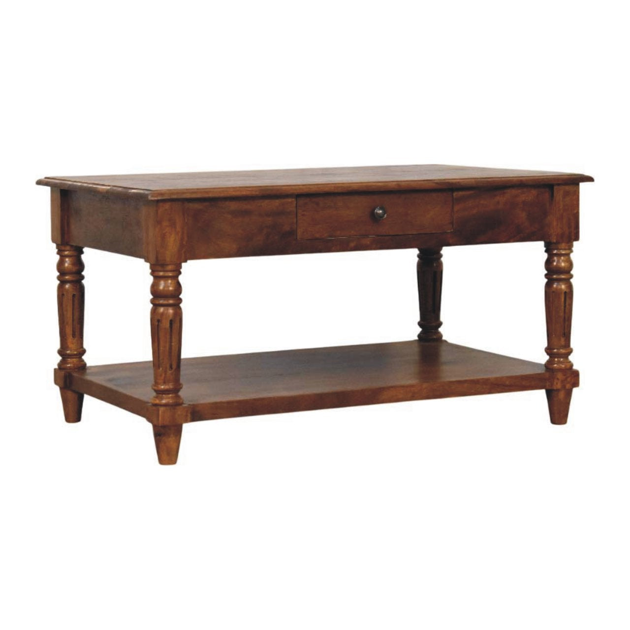Left side profile of a rectangular wooden coffee table, highlighting its detailed craftsmanship and classic style.