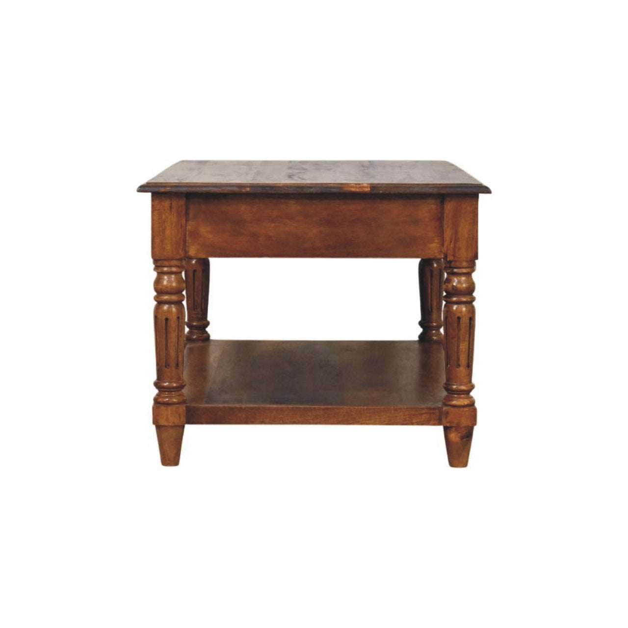 Side profile of a traditional wooden coffee table with a flat rectangular top, turned legs, and an integrated lower shelf for storage or display.