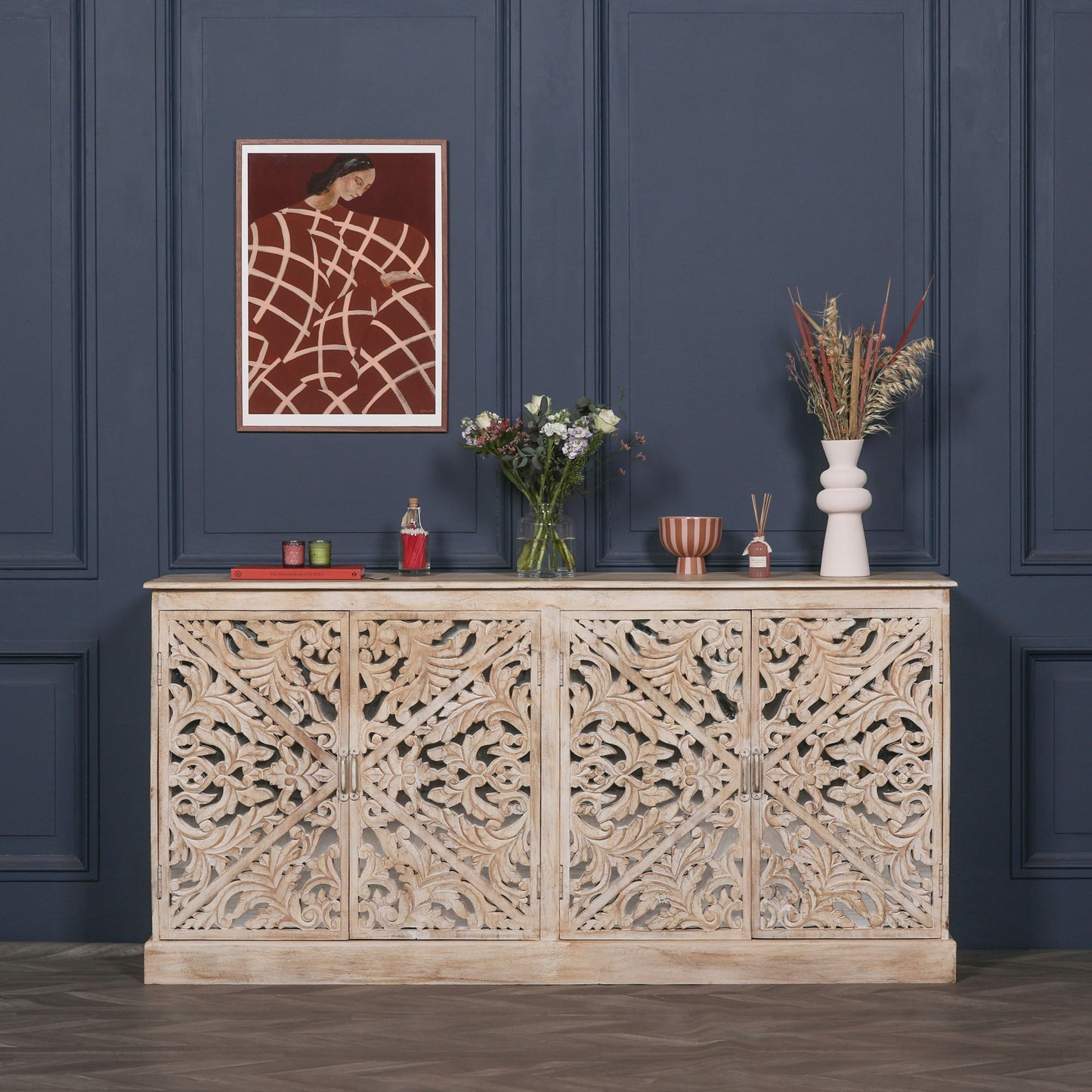 Maison Reproductions Wooden Ornate Carved Mirror Door Sideboard - KFA142